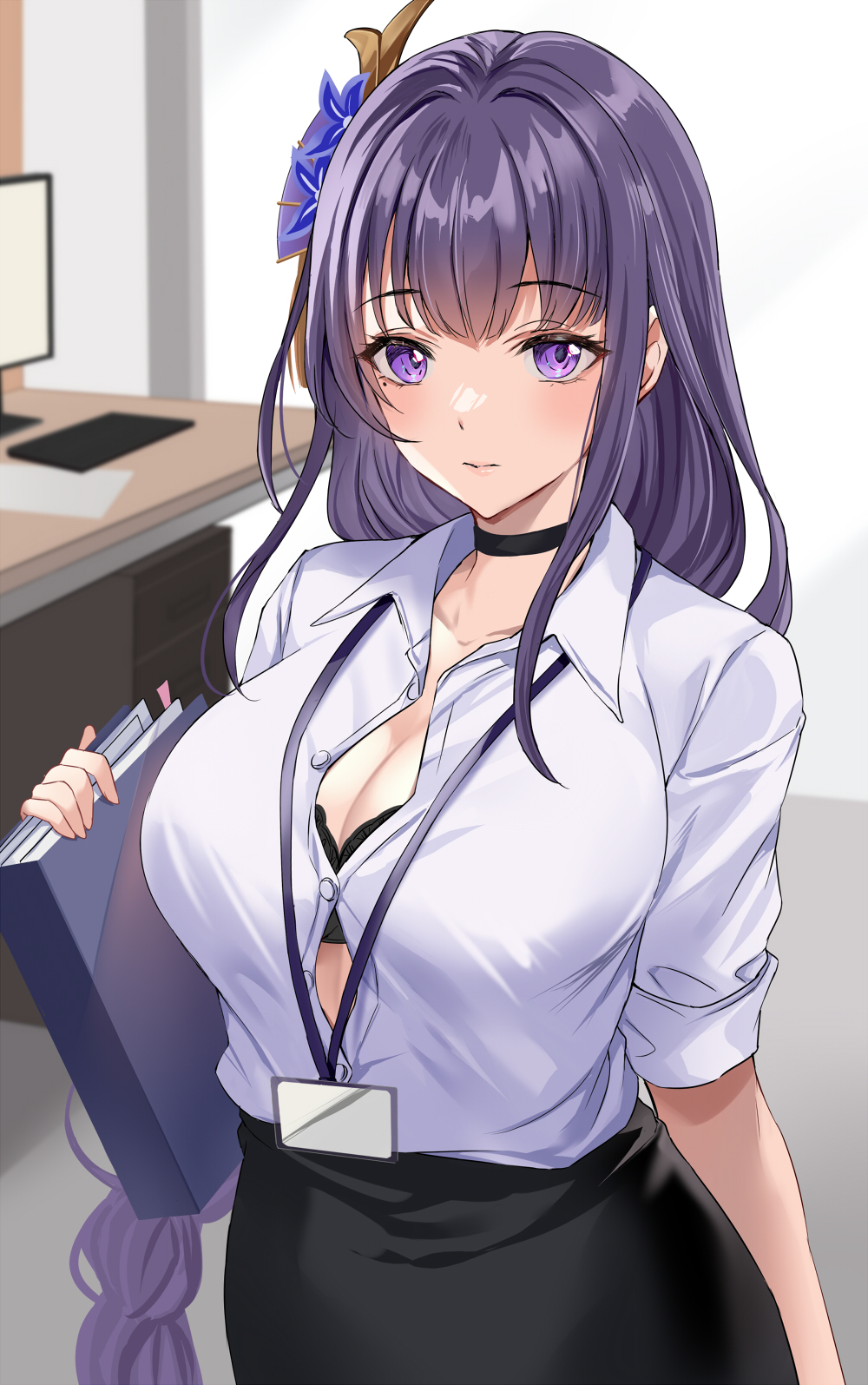 Ei - Anime art, Anime, Genshin impact, Raiden Shogun (Genshin Impact), Office workers, Choker, Twitter (link)