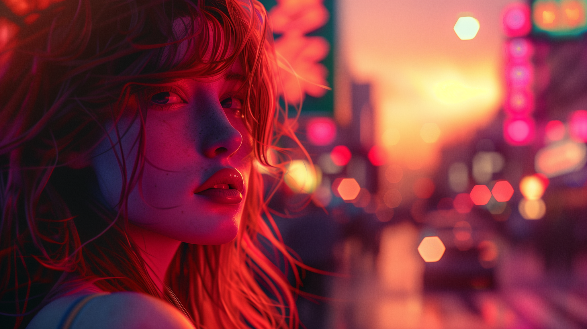 A little red for your feed - My, Neural network art, Girls, Redheads, Desktop wallpaper, Town, Sunset