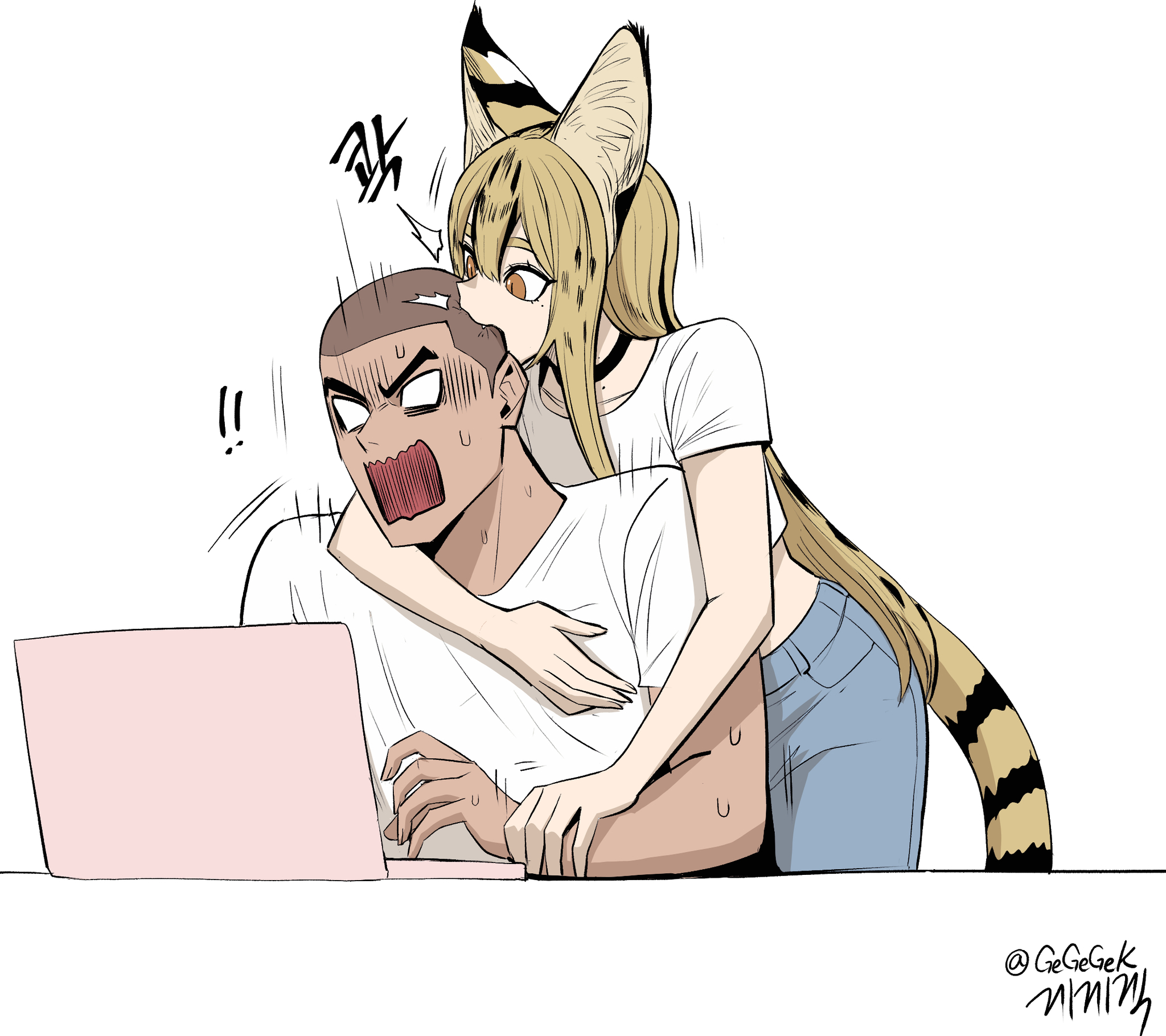 Continuation of the post “Humanization” - Art, Anime, Anime art, Humanization, Animal ears, Gegegekman, Tail, cat, Serval, Reply to post, Longpost