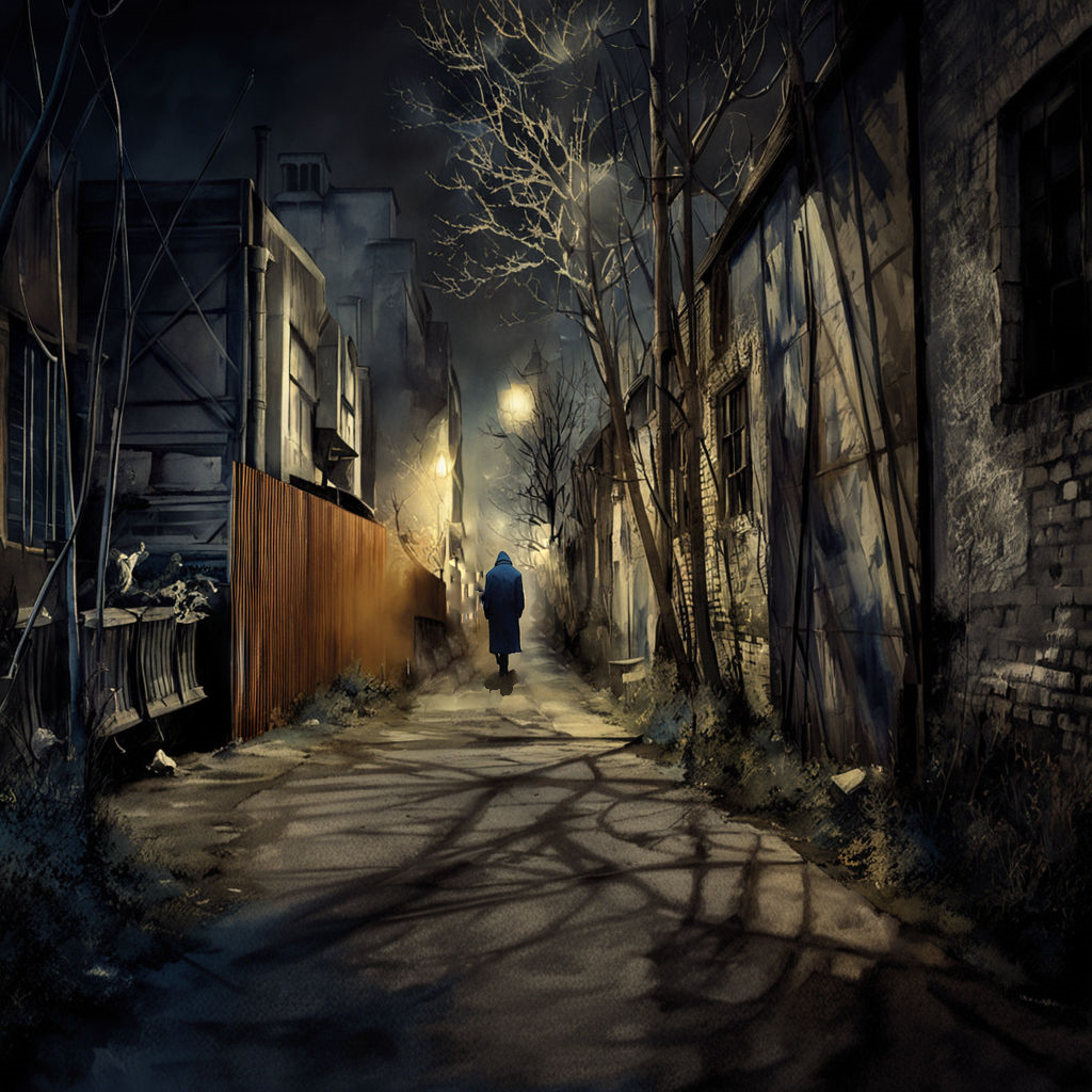 In a dark alley - My, Watercolor, Steele, Night city, Art, Digital drawing, Phone wallpaper, Neural network art, Stylization