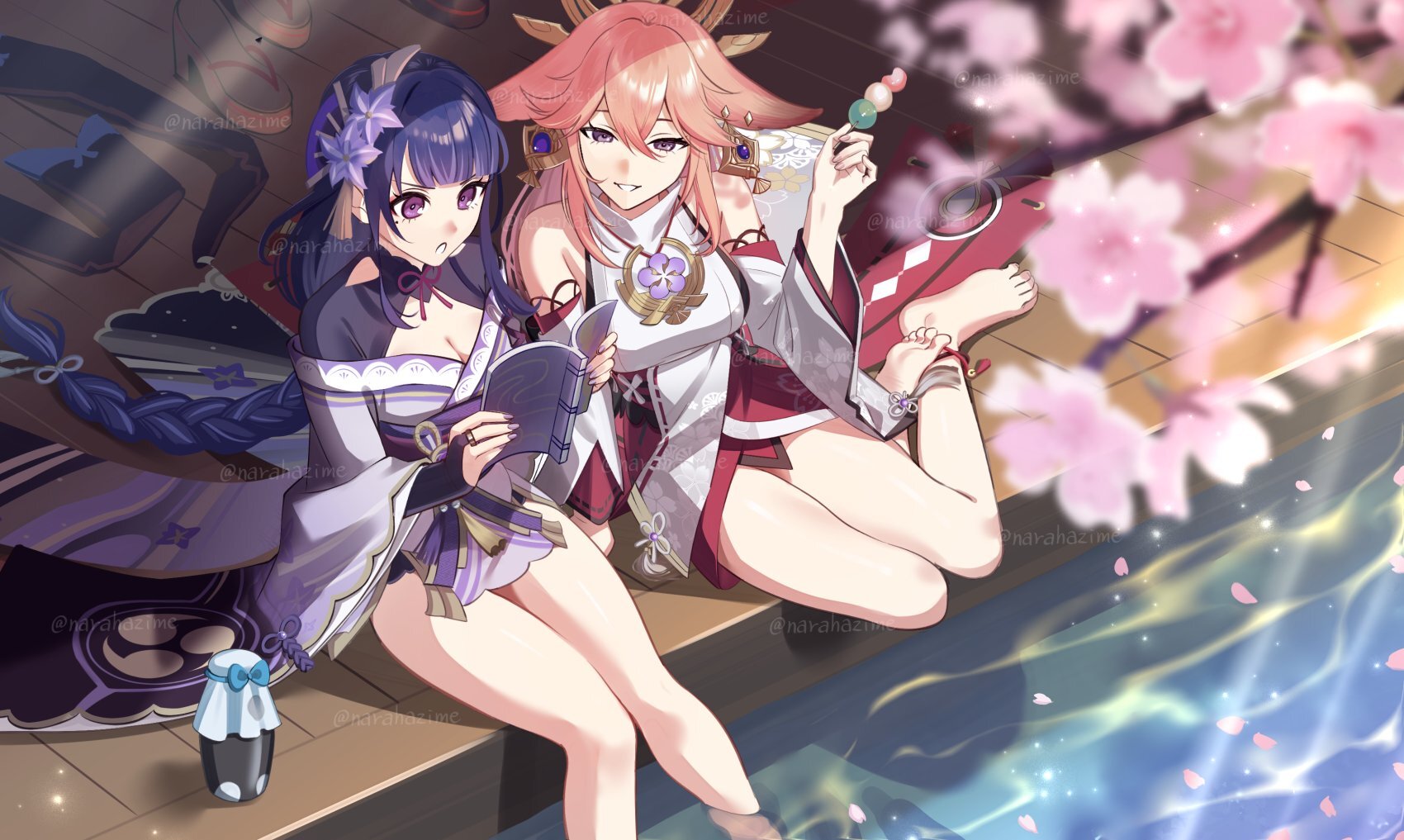 Shogun and Guji on vacation - Anime art, Anime, Friend, Genshin impact, Raiden Shogun (Genshin Impact), Yae Miko (Genshin Impact), The hot springs, Twitter (link)