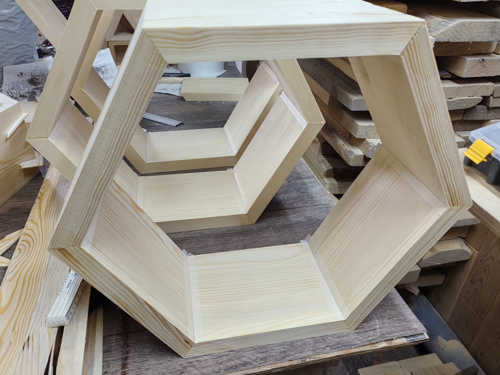 Honeycomb wooden shelves - My, Woodworking, A shelf, Longpost, Needlework with process