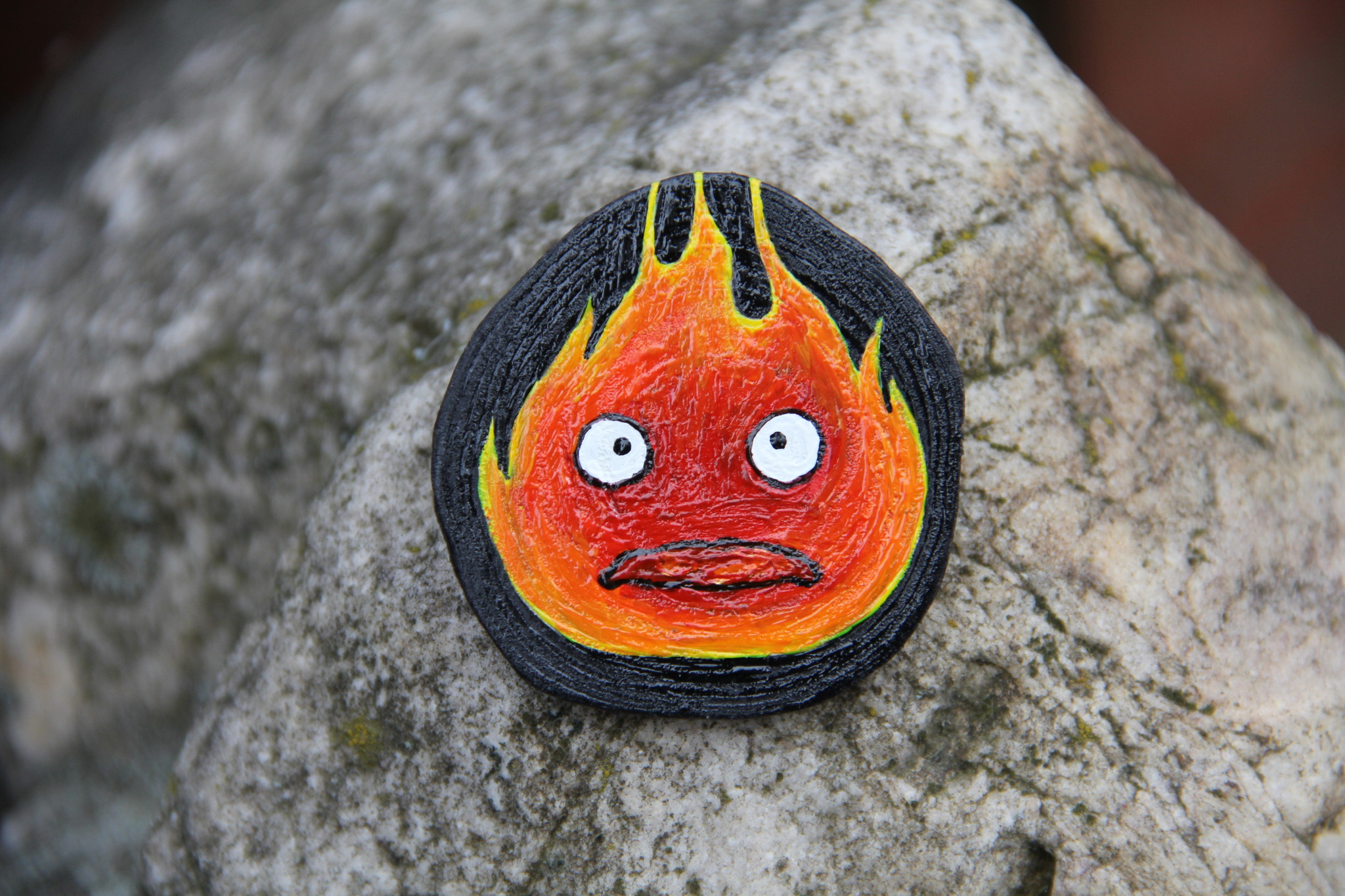 Brooch Calcifer - My, Craft, Handmade, Brooch, Painting on wood, Calcifer, Acrylic, Icon, Needlework without process