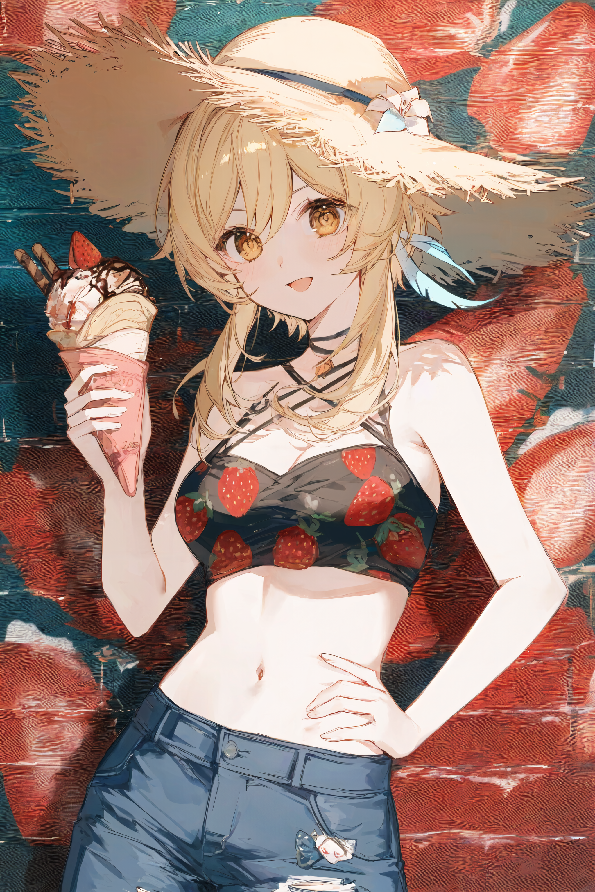 Lumine - Anime art, Anime, Girls, Games, Genshin impact, Lumine (Genshin Impact), Food, Ice cream, Neural network art, Longpost, Shorts, Swimsuit