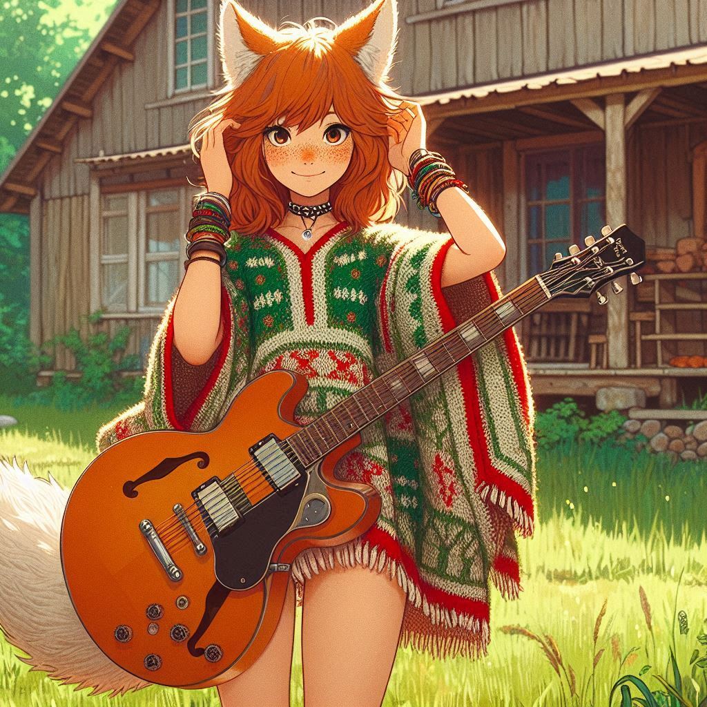 How to play midday psychedelia - My, Neural network art, Нейронные сети, Anime art, Art, Girls, Anime, Original character, Kitsune, Animal ears, Tail, Redheads, Freckles, Poncho, Psychedelic, Rock, Guitar, Summer, Ginger & White, Longpost