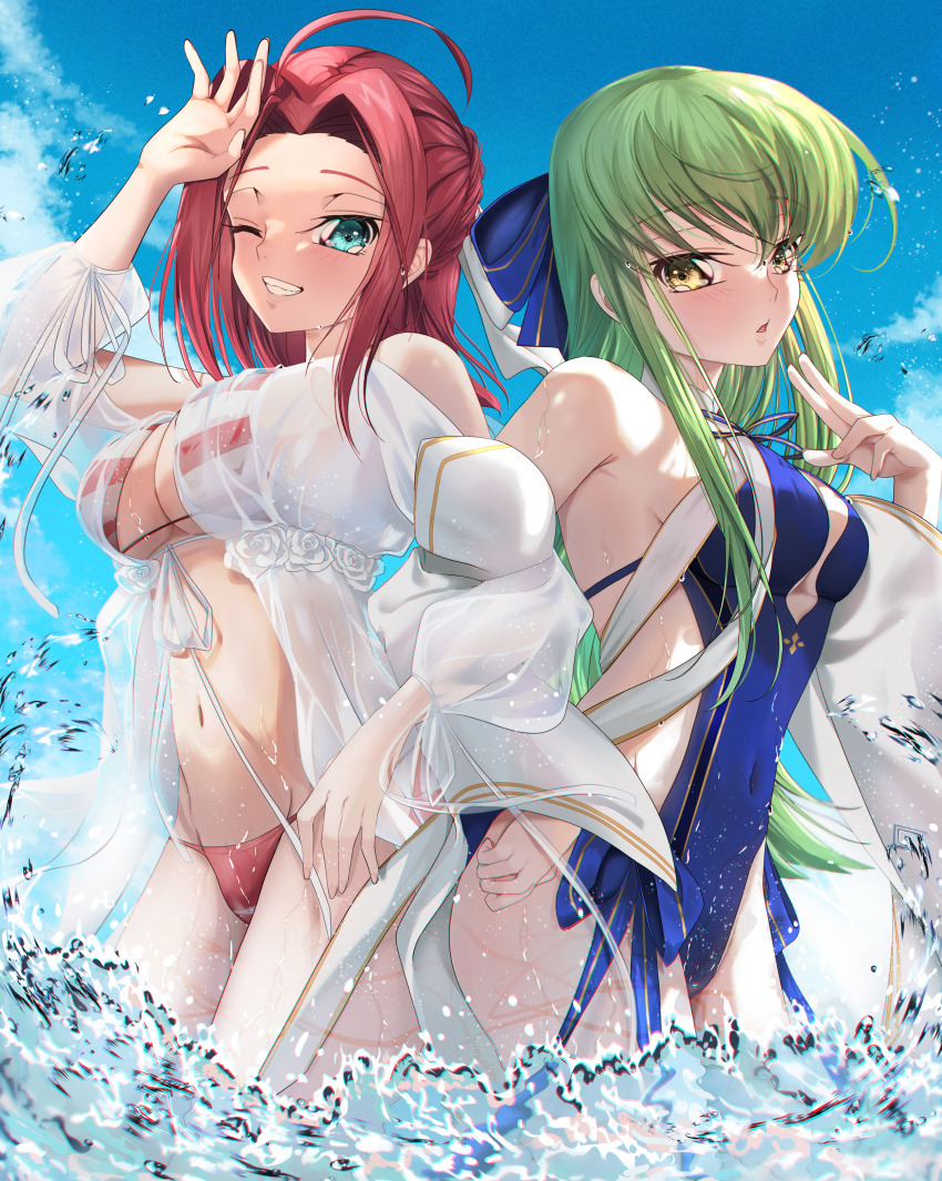 Red or green? - Anime, Anime art, Kallen Stadtfeld, CC (Code Geass), Lelouch Lamperouge, Code geass, Swimsuit