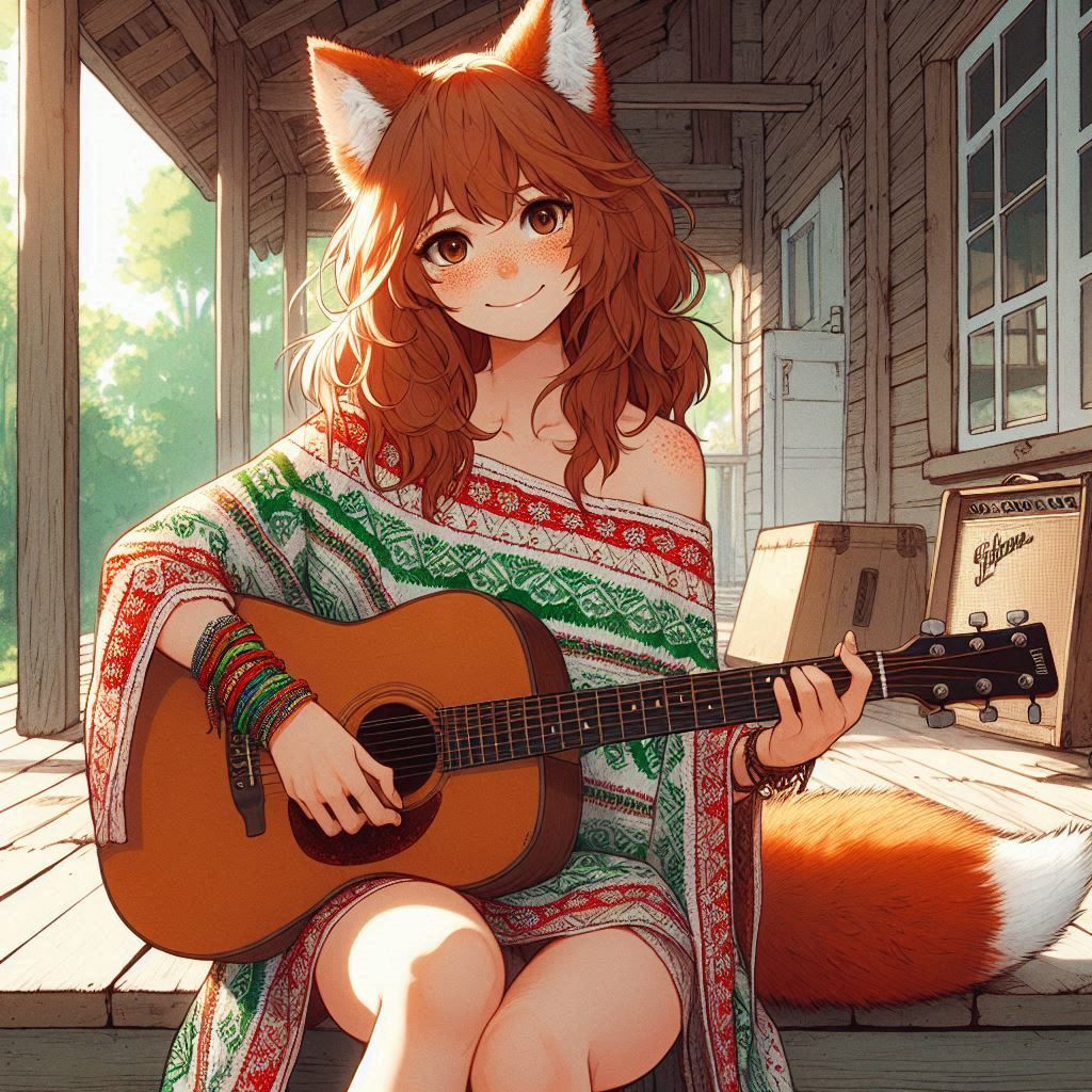 What are we going to sing about today? - My, Neural network art, Нейронные сети, Art, Girls, Anime art, Anime, Original character, Kitsune, Animal ears, Tail, Redheads, Freckles, Poncho, Guitar, Summer, Ginger & White