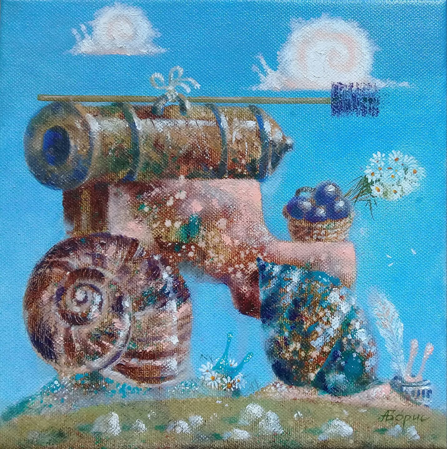 Highway Romantics - Art, Modern Art, Art, Fantasy, Painting, Snail, A gun, Clouds, Chamomile, Helmet, Knights, Core, Canvas, Oil painting, VKontakte (link), Instagram (link), Facebook (link)