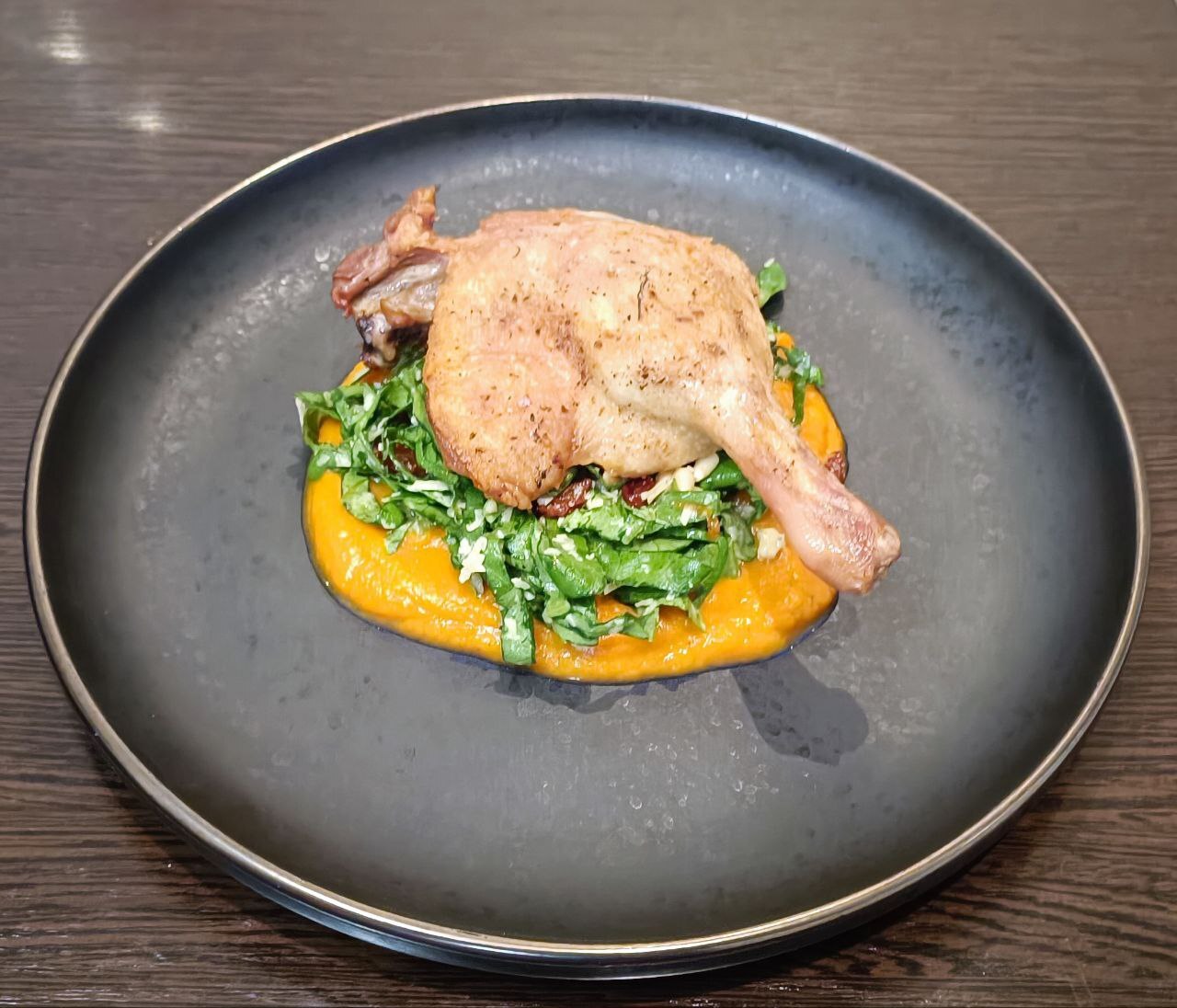 Duck leg with salad and sweet potato puree - My, Recipe, Serving dishes, Duck, Kitchen, Longpost, Food