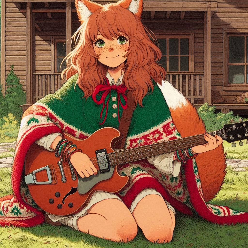 How to play midday psychedelia - My, Neural network art, Нейронные сети, Anime art, Art, Girls, Anime, Original character, Kitsune, Animal ears, Tail, Redheads, Freckles, Poncho, Psychedelic, Rock, Guitar, Summer, Ginger & White, Longpost