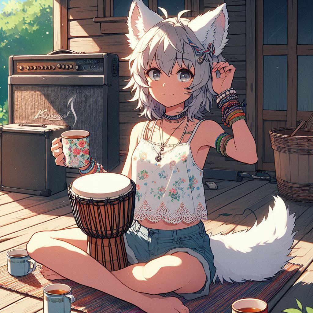 How to play midday psychedelia - My, Neural network art, Нейронные сети, Anime art, Art, Girls, Anime, Original character, Kitsune, Animal ears, Tail, Redheads, Freckles, Poncho, Psychedelic, Rock, Guitar, Summer, Ginger & White, Longpost