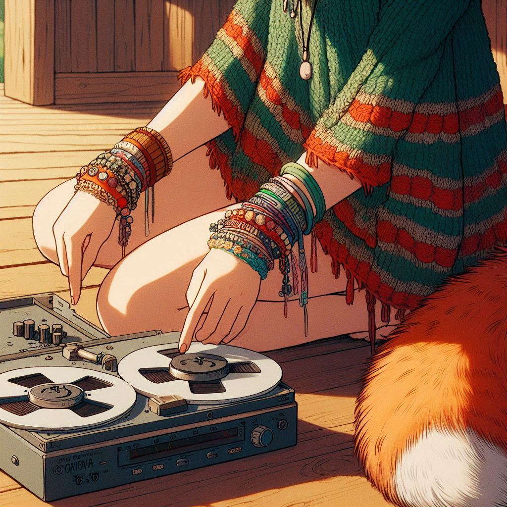 How to play midday psychedelia - My, Neural network art, Нейронные сети, Anime art, Art, Girls, Anime, Original character, Kitsune, Animal ears, Tail, Redheads, Freckles, Poncho, Psychedelic, Rock, Guitar, Summer, Ginger & White, Longpost