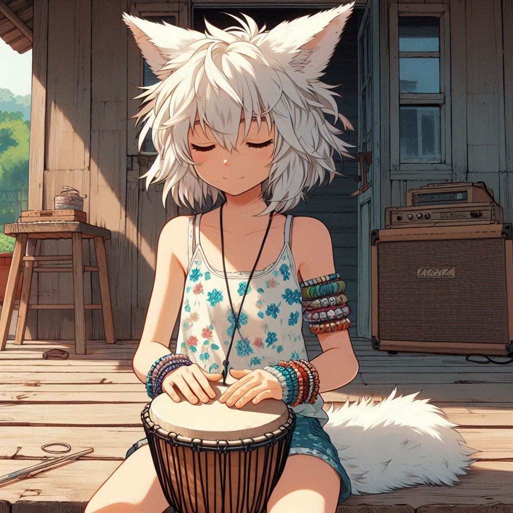 How to play midday psychedelia - My, Neural network art, Нейронные сети, Anime art, Art, Girls, Anime, Original character, Kitsune, Animal ears, Tail, Redheads, Freckles, Poncho, Psychedelic, Rock, Guitar, Summer, Ginger & White, Longpost