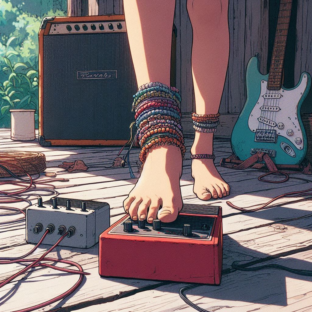 How to play midday psychedelia - My, Neural network art, Нейронные сети, Anime art, Art, Girls, Anime, Original character, Kitsune, Animal ears, Tail, Redheads, Freckles, Poncho, Psychedelic, Rock, Guitar, Summer, Ginger & White, Longpost