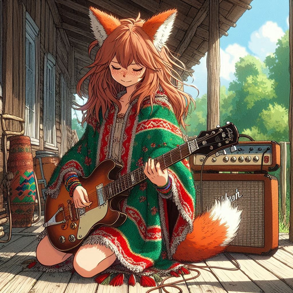 How to play midday psychedelia - My, Neural network art, Нейронные сети, Anime art, Art, Girls, Anime, Original character, Kitsune, Animal ears, Tail, Redheads, Freckles, Poncho, Psychedelic, Rock, Guitar, Summer, Ginger & White, Longpost