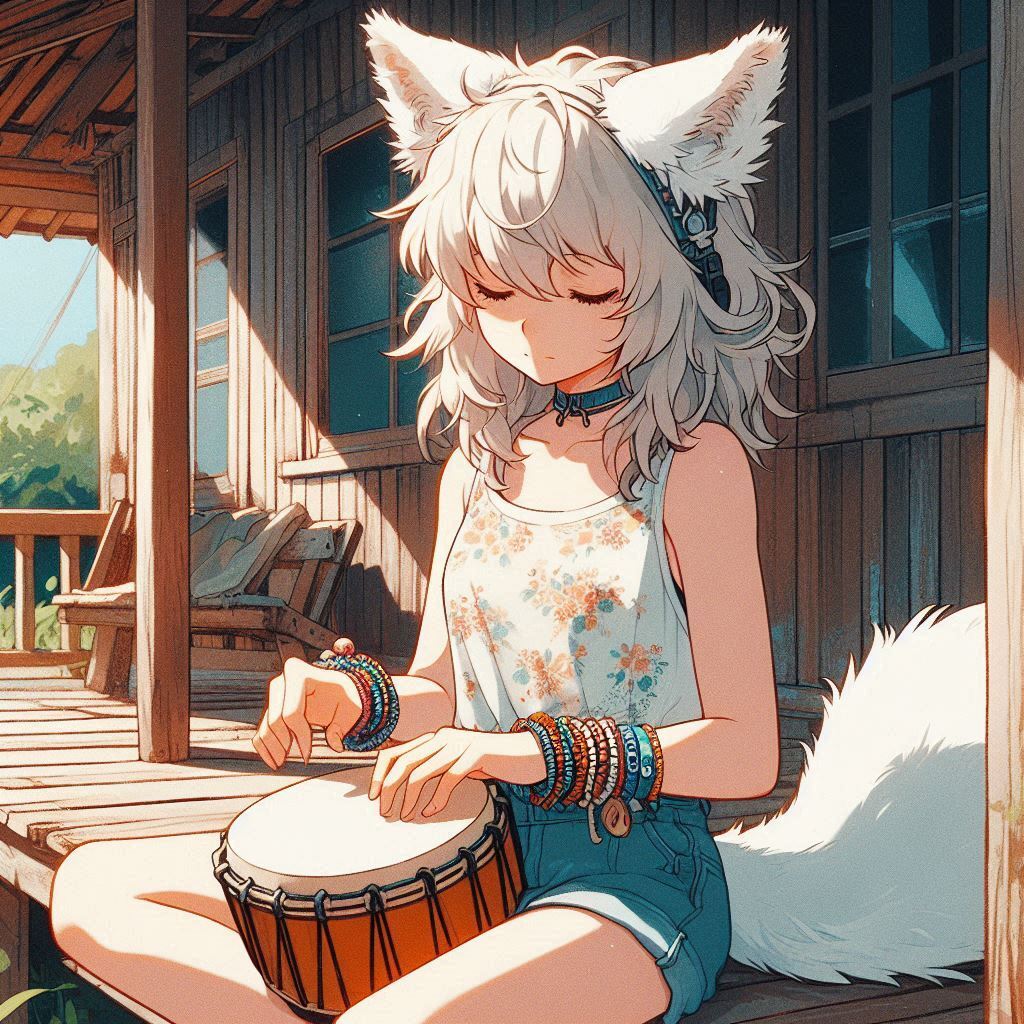 How to play midday psychedelia - My, Neural network art, Нейронные сети, Anime art, Art, Girls, Anime, Original character, Kitsune, Animal ears, Tail, Redheads, Freckles, Poncho, Psychedelic, Rock, Guitar, Summer, Ginger & White, Longpost