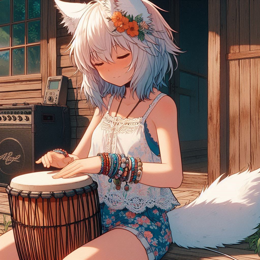 How to play midday psychedelia - My, Neural network art, Нейронные сети, Anime art, Art, Girls, Anime, Original character, Kitsune, Animal ears, Tail, Redheads, Freckles, Poncho, Psychedelic, Rock, Guitar, Summer, Ginger & White, Longpost