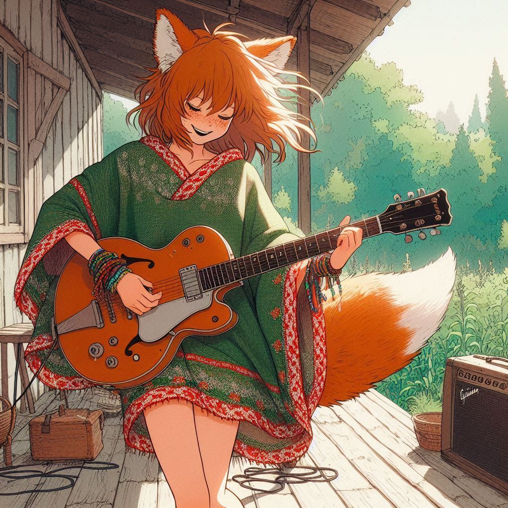 How to play midday psychedelia - My, Neural network art, Нейронные сети, Anime art, Art, Girls, Anime, Original character, Kitsune, Animal ears, Tail, Redheads, Freckles, Poncho, Psychedelic, Rock, Guitar, Summer, Ginger & White, Longpost