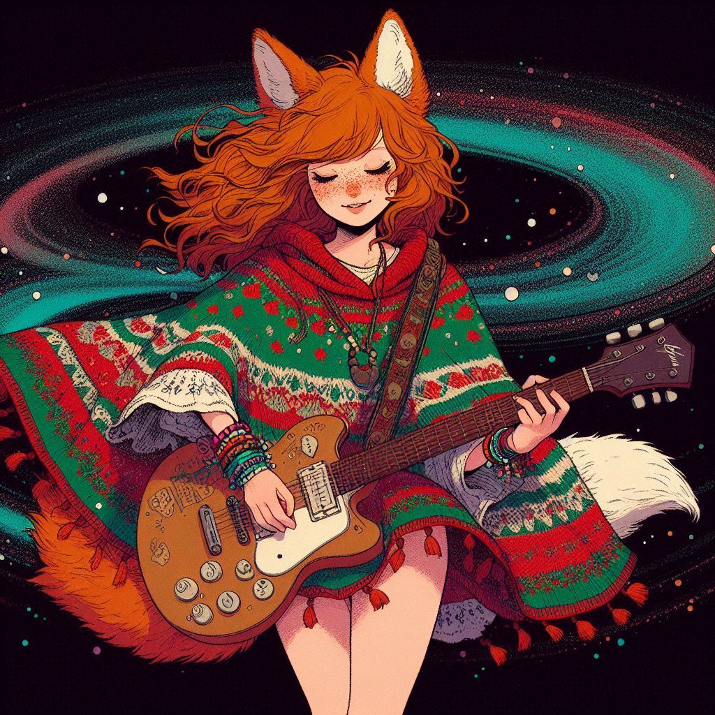 How to play midday psychedelia - My, Neural network art, Нейронные сети, Anime art, Art, Girls, Anime, Original character, Kitsune, Animal ears, Tail, Redheads, Freckles, Poncho, Psychedelic, Rock, Guitar, Summer, Ginger & White, Longpost