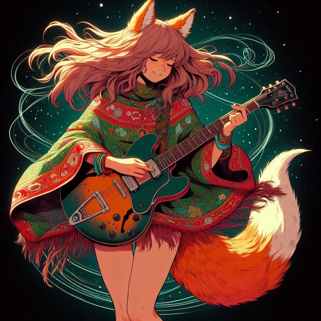 How to play midday psychedelia - My, Neural network art, Нейронные сети, Anime art, Art, Girls, Anime, Original character, Kitsune, Animal ears, Tail, Redheads, Freckles, Poncho, Psychedelic, Rock, Guitar, Summer, Ginger & White, Longpost