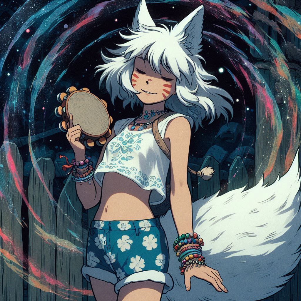 How to play midday psychedelia - My, Neural network art, Нейронные сети, Anime art, Art, Girls, Anime, Original character, Kitsune, Animal ears, Tail, Redheads, Freckles, Poncho, Psychedelic, Rock, Guitar, Summer, Ginger & White, Longpost