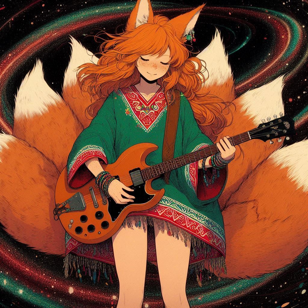 How to play midday psychedelia - My, Neural network art, Нейронные сети, Anime art, Art, Girls, Anime, Original character, Kitsune, Animal ears, Tail, Redheads, Freckles, Poncho, Psychedelic, Rock, Guitar, Summer, Ginger & White, Longpost