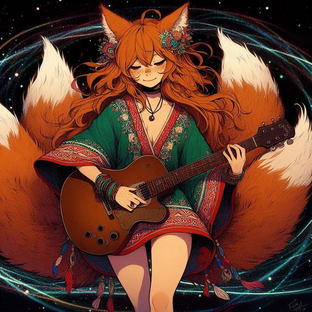 How to play midday psychedelia - My, Neural network art, Нейронные сети, Anime art, Art, Girls, Anime, Original character, Kitsune, Animal ears, Tail, Redheads, Freckles, Poncho, Psychedelic, Rock, Guitar, Summer, Ginger & White, Longpost