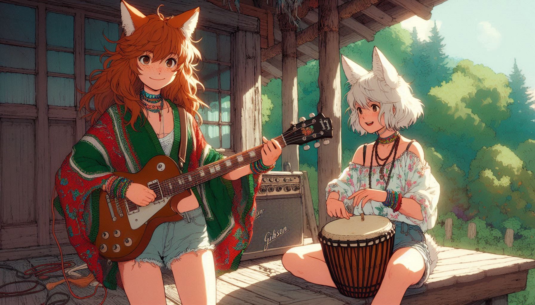 How to play midday psychedelia - My, Neural network art, Нейронные сети, Anime art, Art, Girls, Anime, Original character, Kitsune, Animal ears, Tail, Redheads, Freckles, Poncho, Psychedelic, Rock, Guitar, Summer, Ginger & White, Longpost