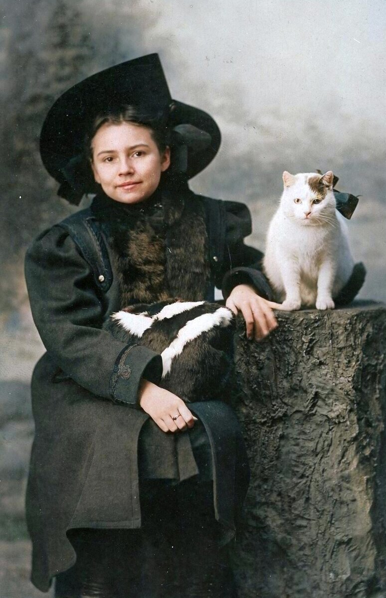 A selection of funny and funny photos with cats that will cheer you up. 20 colored photographs from the 20th century - My, Old photo, Historical photo, Colorization, The photo, cat, Cat family, 19th century, 20th century, Longpost