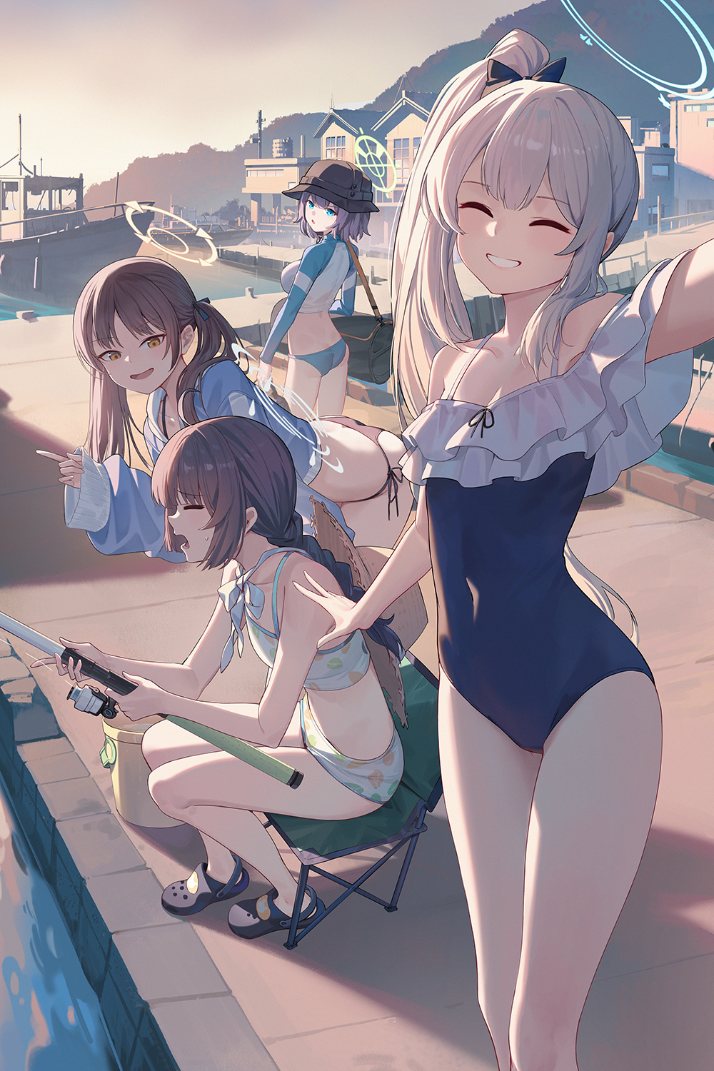 A troop of rabbits foraging for food - Anime art, Anime, Girls, Games, Blue archive, Sorai Saki, Kazekura Moe, Kasumizawa Miyu, Tsukiyuki Miyako, Swimsuit, Fishing, Art, Bikini, Sunset