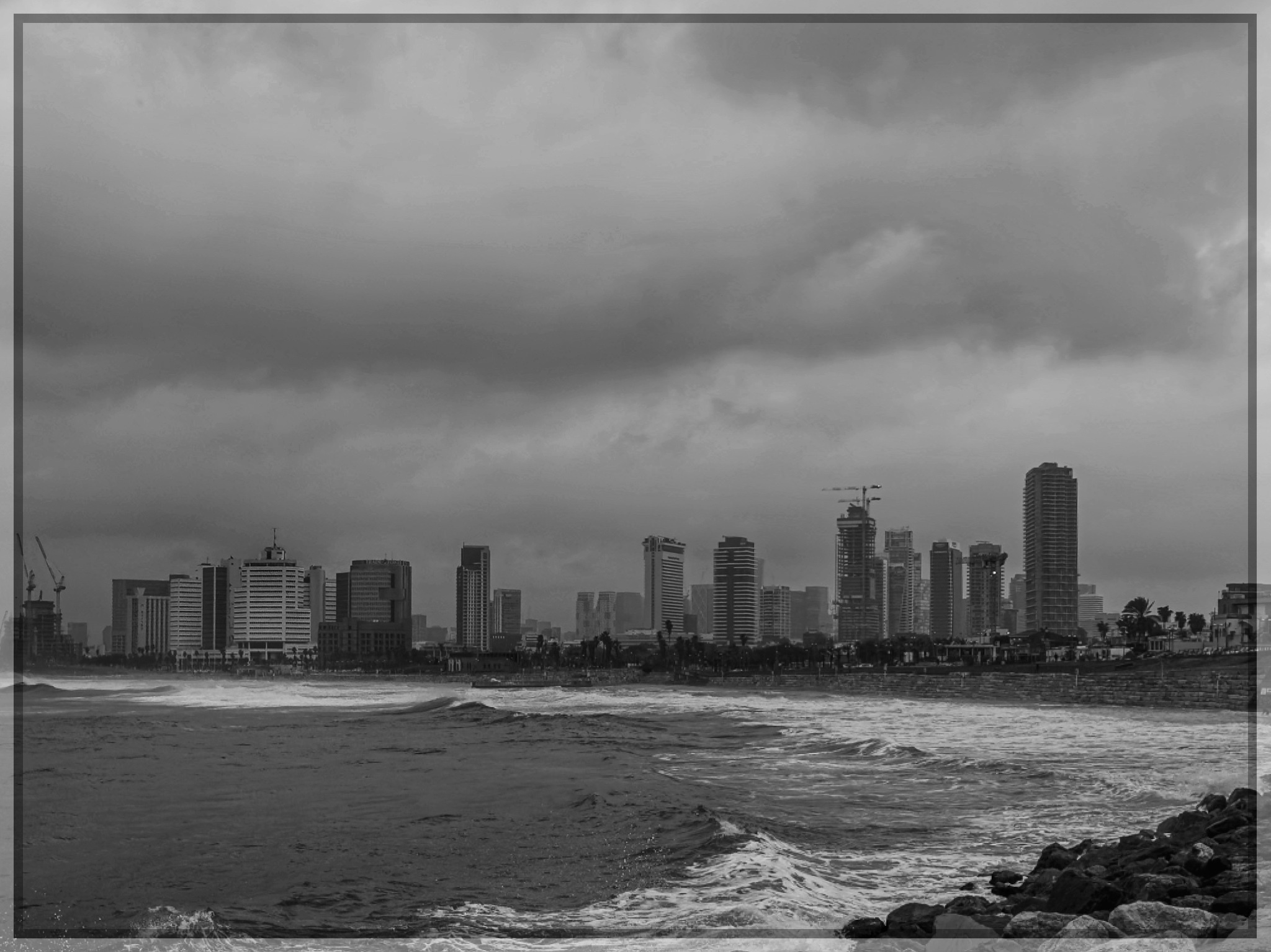 City and sea - My, Town, Clouds, Sea, Surf, Black and white photo