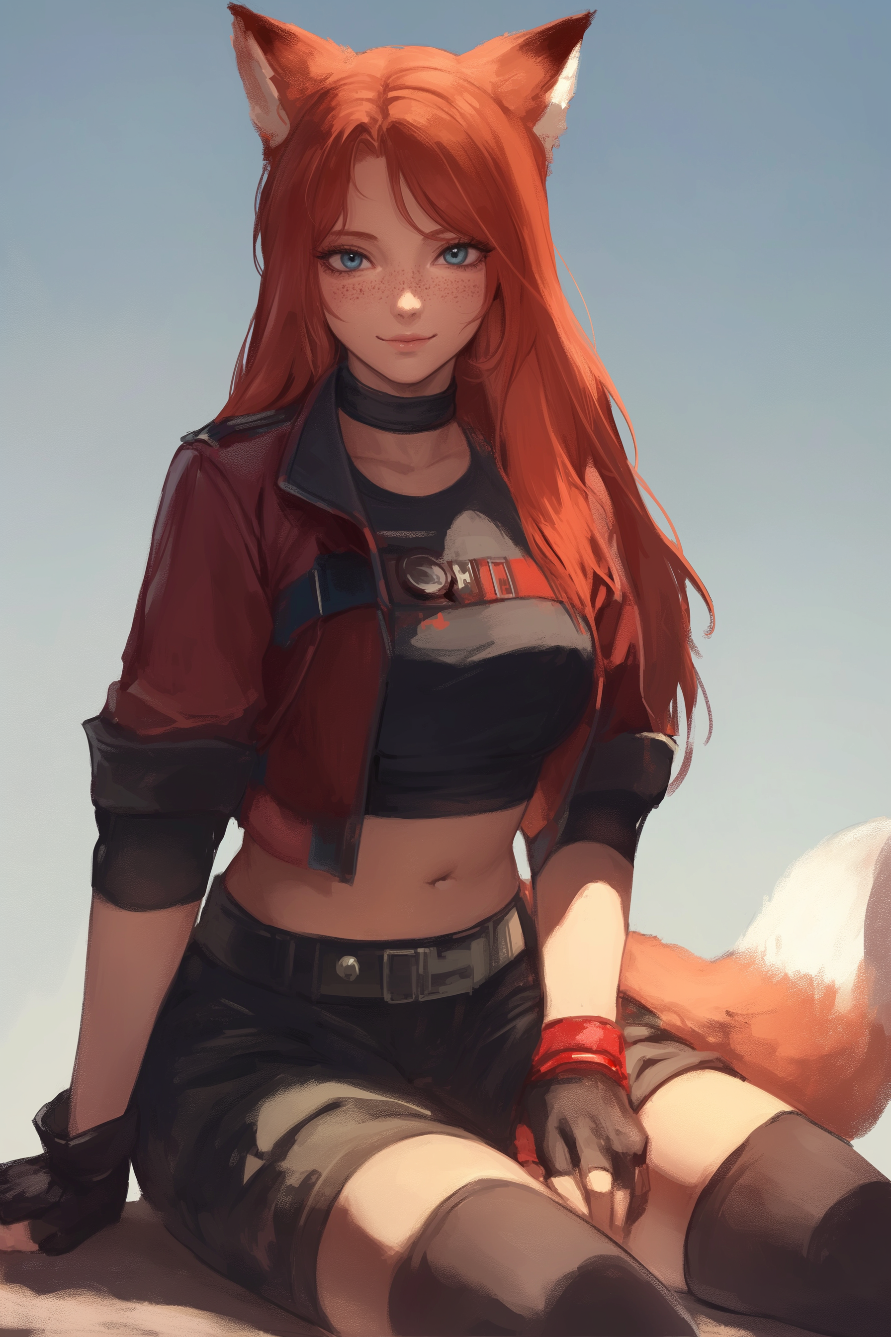 Fox girls are different - My, Anime art, Anime, Art, Girls, Barefoot, Original character, Fox, Kitsune, Animal ears, Tail, Redheads, Freckles, Pink hair, Foot fetish, Lollipop, Varnish, moon, Midjourney, Neural network art, Longpost