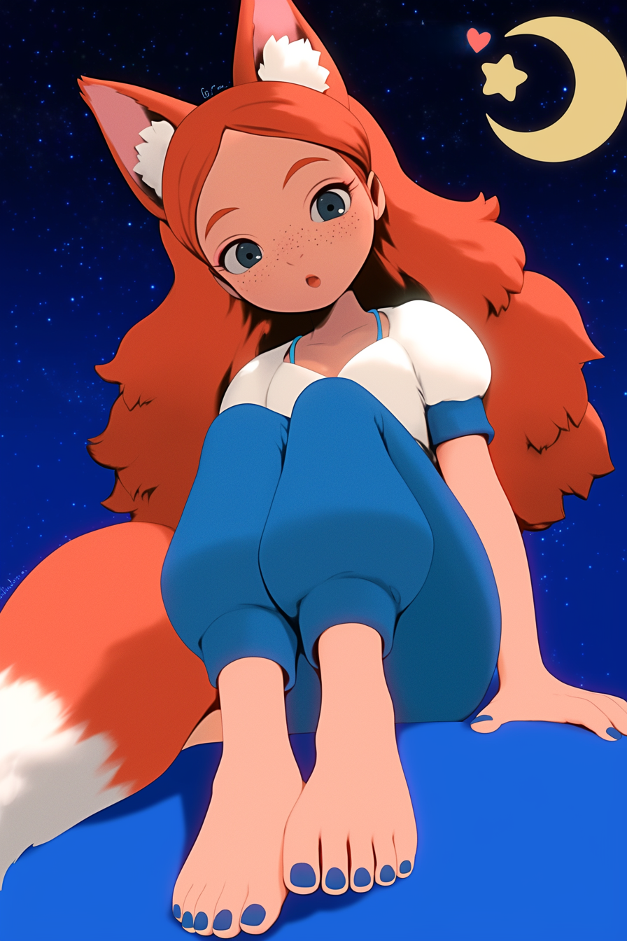 Fox girls are different - My, Anime art, Anime, Art, Girls, Barefoot, Original character, Fox, Kitsune, Animal ears, Tail, Redheads, Freckles, Pink hair, Foot fetish, Lollipop, Varnish, moon, Midjourney, Neural network art, Longpost