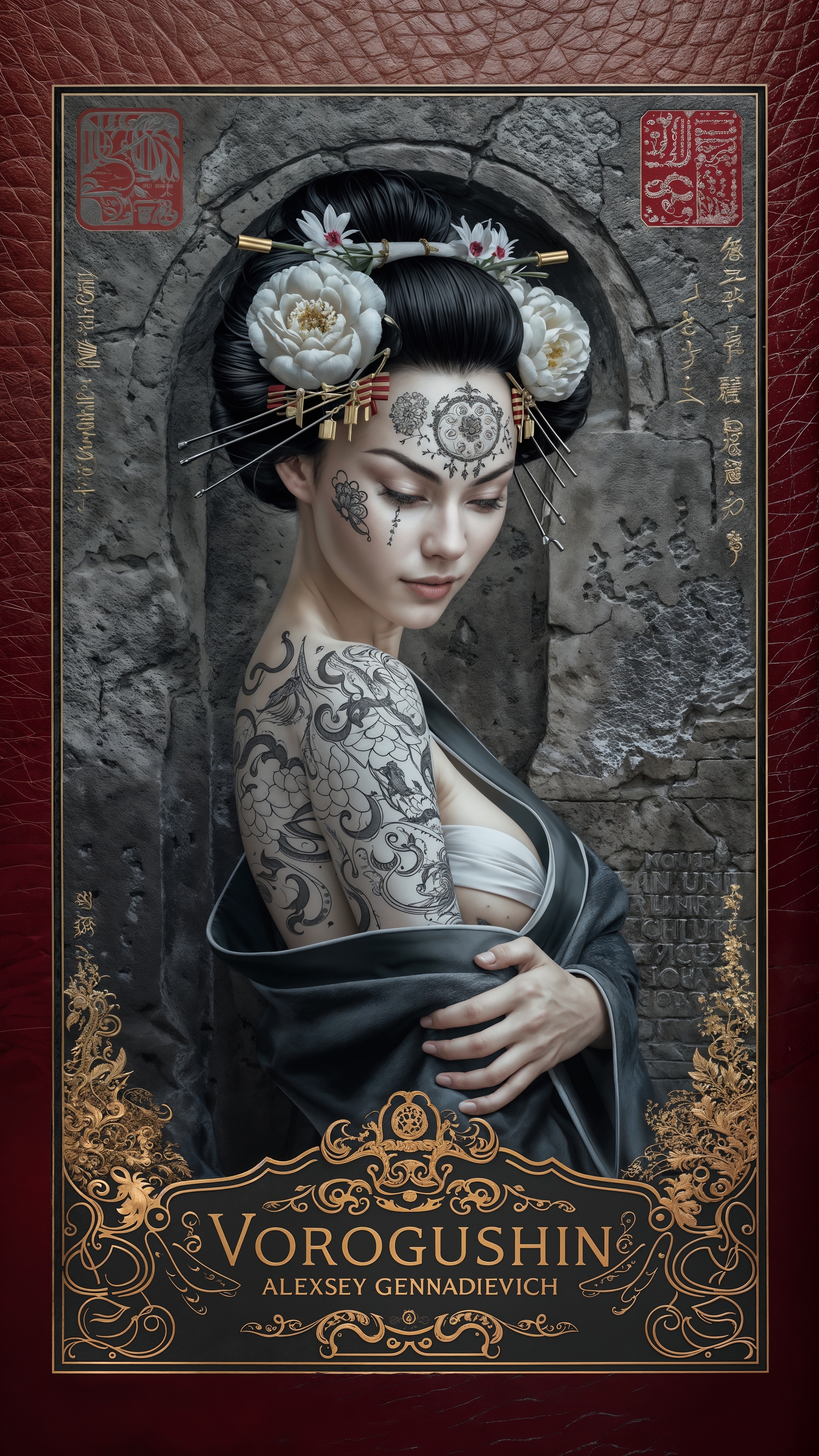 Ai-artist: Vorogushin Alexey Gennadievich. Beautiful geisha with body art in modern oriental style. Neuroartist - My, Art, Нейронные сети, Neural network art, Artist, Phone wallpaper, Digital, Desktop wallpaper, Computer graphics, 2D, Dall-e, Girls, Midjourney, East, Japan, Modern Art, Bodypainting