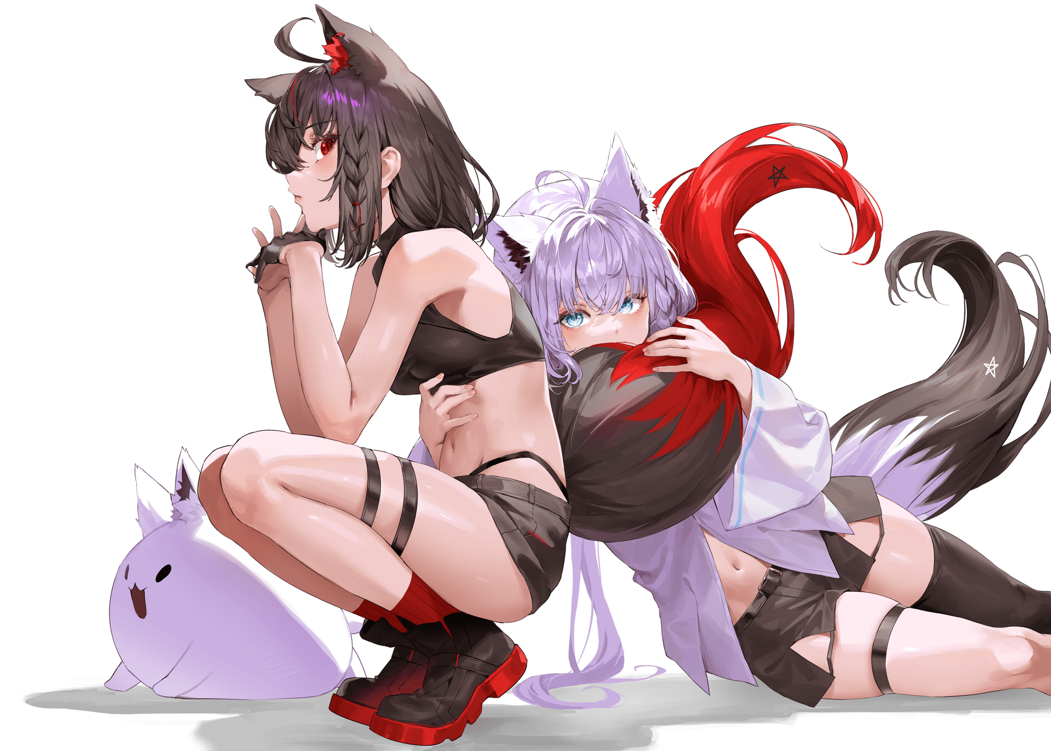 Fubuki X2 - Anime Art, Аниме, Hololive, Virtual YouTuber, Shirakami Fubuki, Kurokami Fubuki, Animal Ears, Хвост