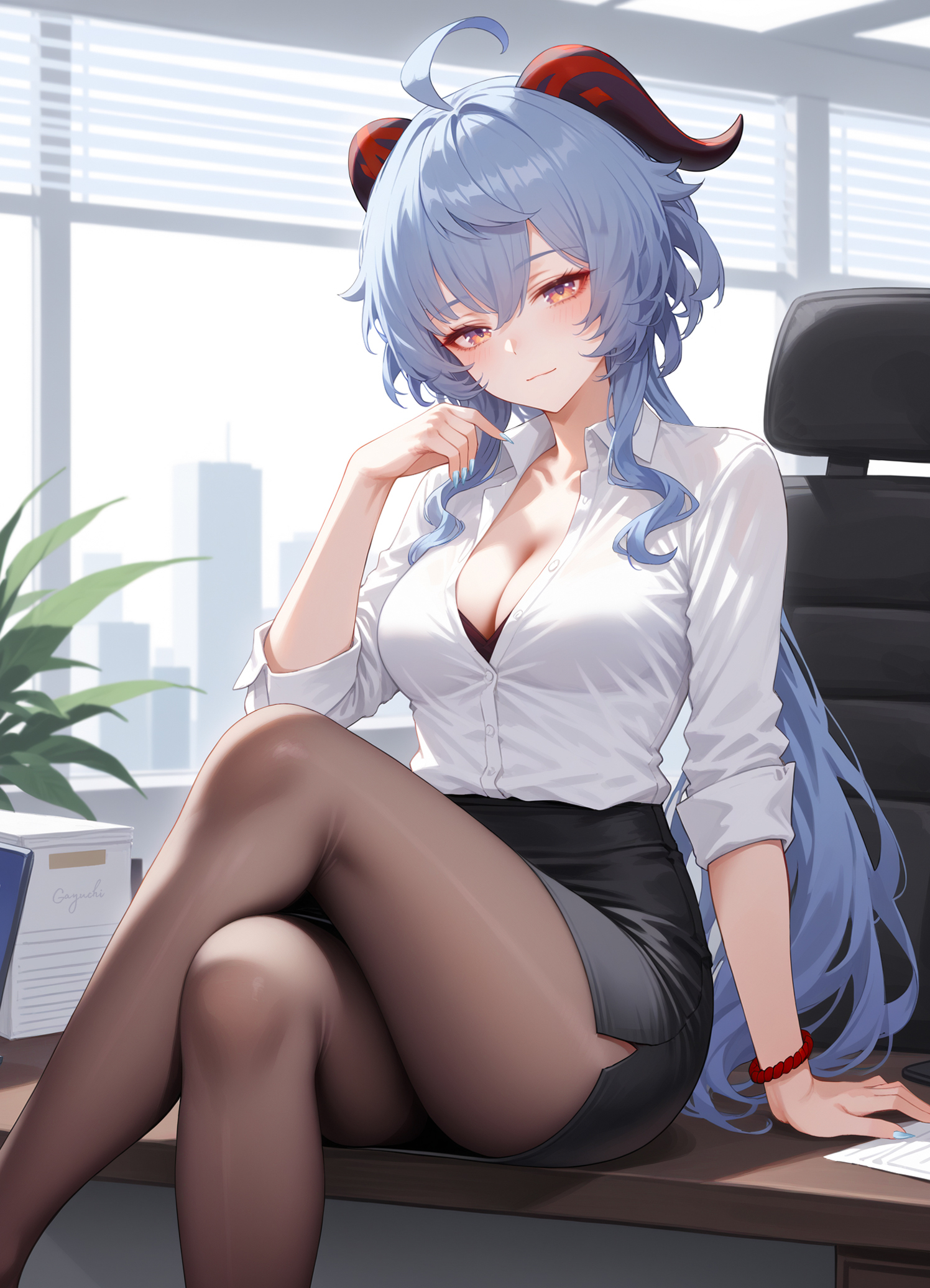 Kozya - Ganyu (Genshin Impact), Pixiv, Anime art, Anime, Genshin impact, Girl with Horns, Office workers, Tights, Hips, Boobs