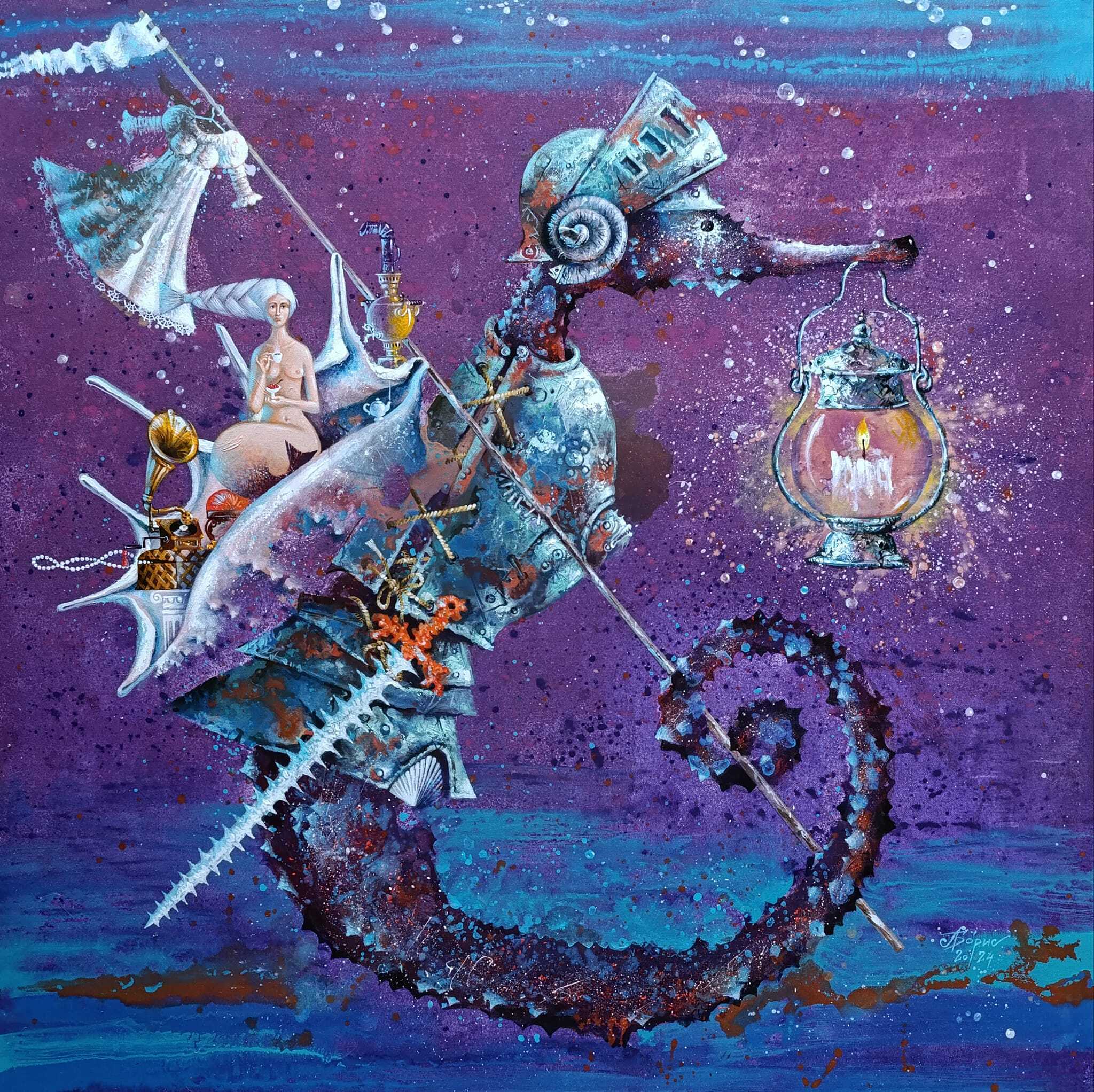 To the ball - My, Art, Modern Art, Art, Fantasy, Painting, Canvas, Tempera, Surrealism, Author's painting, Sea Horse, Armor, Helmet, Sea, Mermaid, Seashells, Ball, Sword, Gramophone, Samovar, Candle