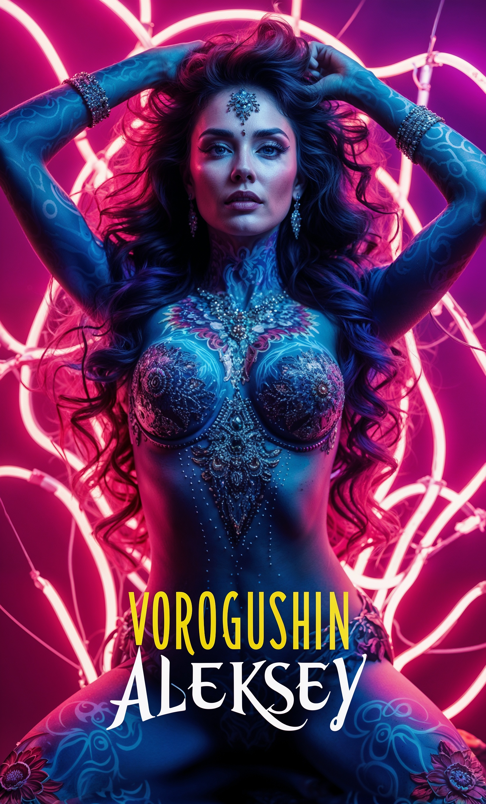 Ai-artist: Vorogushin Alexey Gennadievich. Beautiful girl with body art and neon effects. Neuroartist - My, Art, Нейронные сети, Neural network art, Artist, Phone wallpaper, Digital, Dall-e, Desktop wallpaper, Computer graphics, 2D, Neon, Midjourney, Bodypainting, Girls, The photo, Neckline