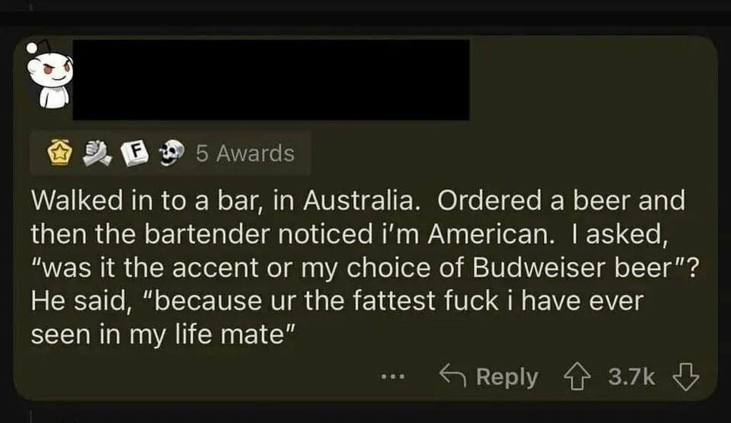 Self-critical recognition - Australia, The americans, Bar, Beer, Excess weight, Screenshot