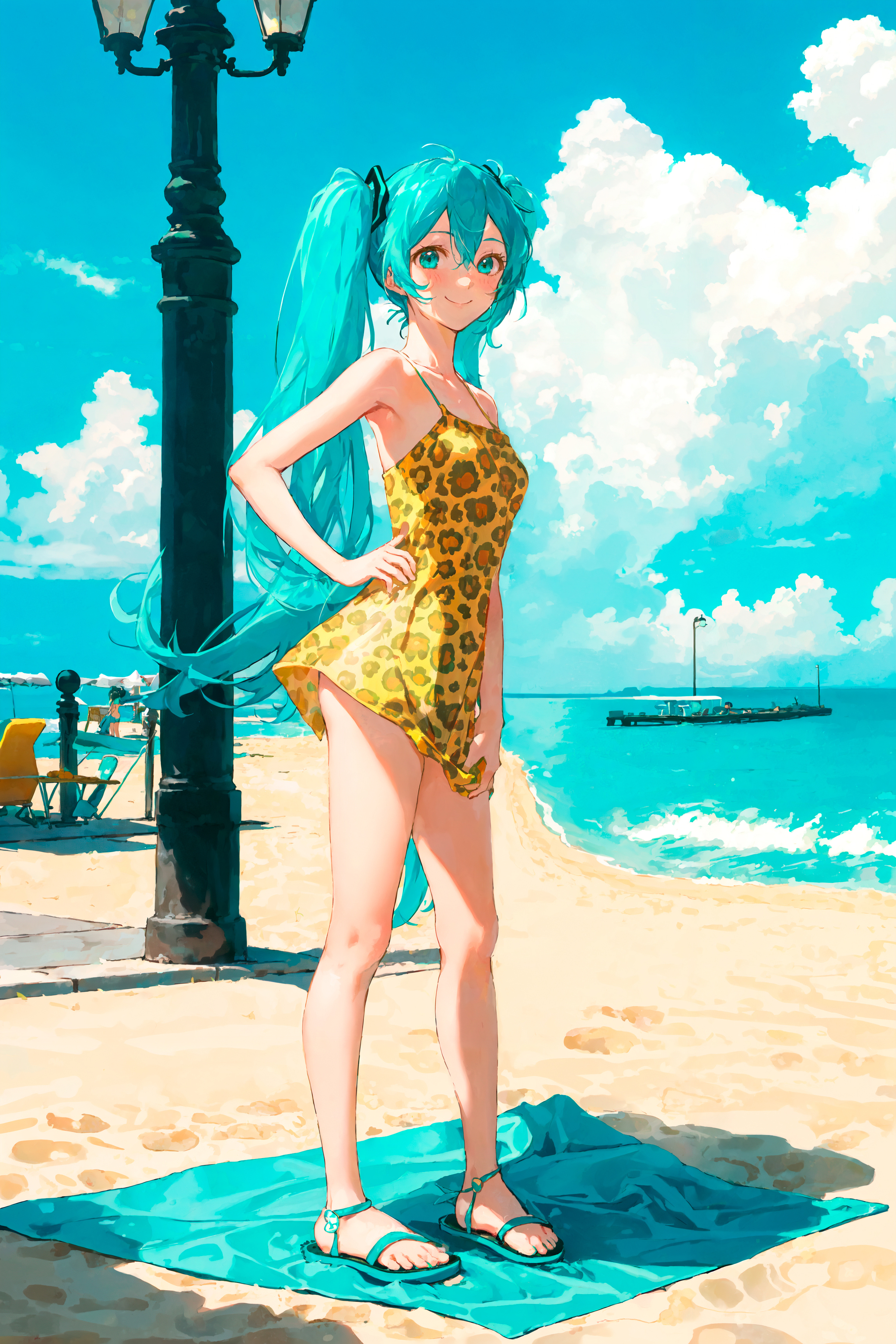 Opening of the beach season with leopard Miku - My, Survey, Neural network art, Stable diffusion, Hatsune Miku, Anime art, Portrait, Girls, Sea, Beach, Swimsuit, Blue eyes, Beach season, Leopard, Vocaloid, Phone wallpaper, Longpost, Friday tag is mine