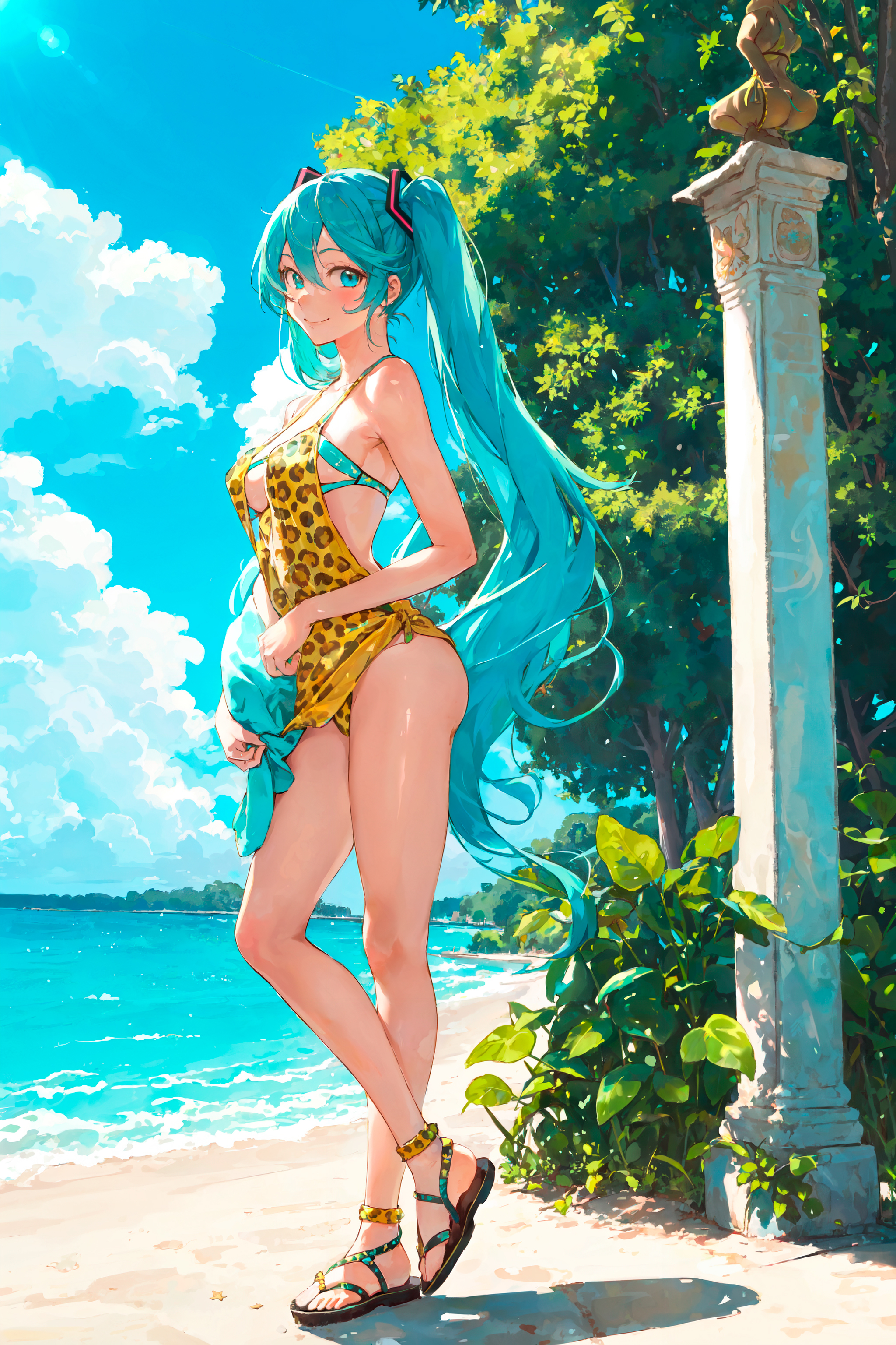 Opening of the beach season with leopard Miku - My, Survey, Neural network art, Stable diffusion, Hatsune Miku, Anime art, Portrait, Girls, Sea, Beach, Swimsuit, Blue eyes, Beach season, Leopard, Vocaloid, Phone wallpaper, Longpost, Friday tag is mine