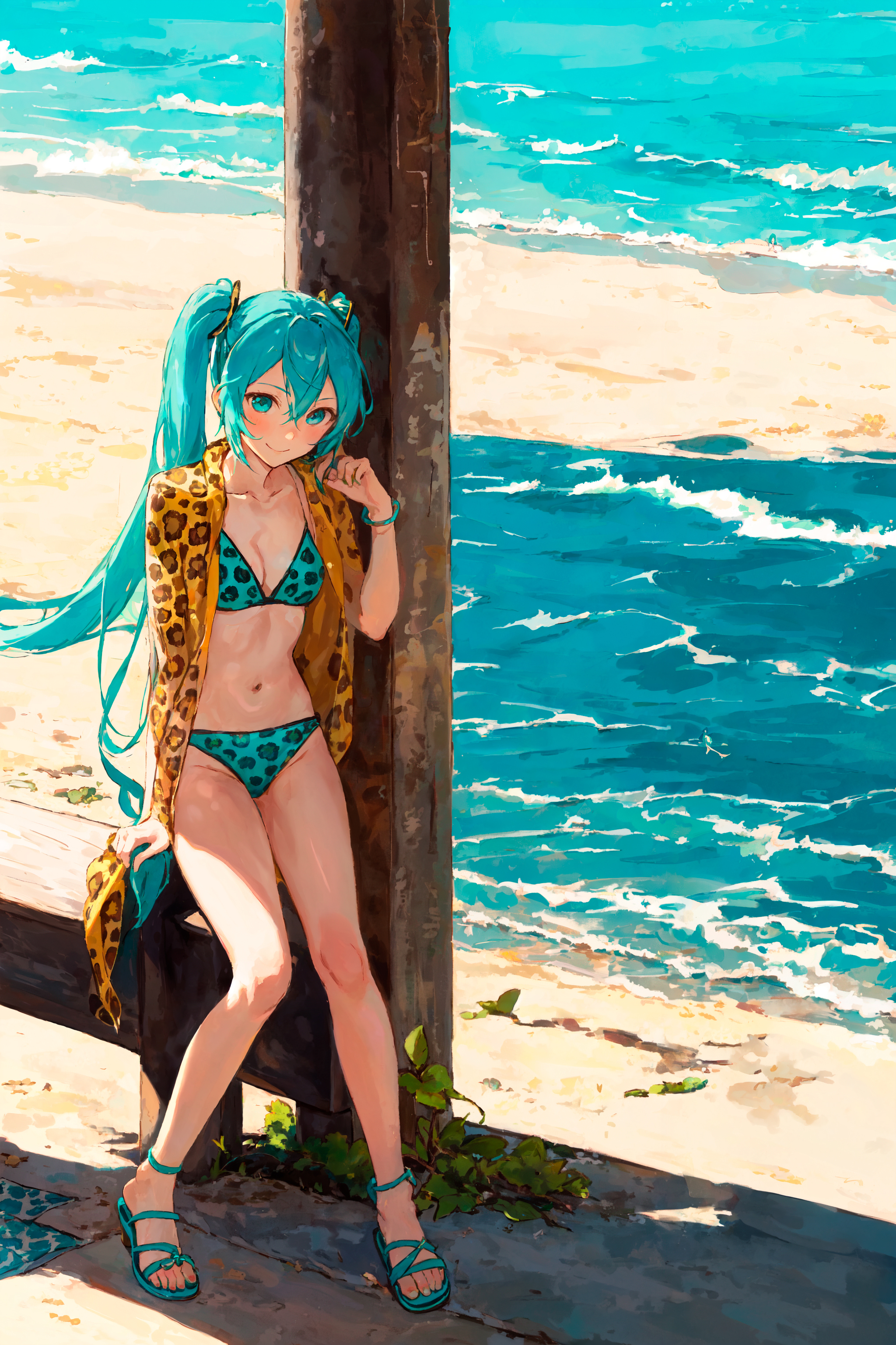 Opening of the beach season with leopard Miku - My, Survey, Neural network art, Stable diffusion, Hatsune Miku, Anime art, Portrait, Girls, Sea, Beach, Swimsuit, Blue eyes, Beach season, Leopard, Vocaloid, Phone wallpaper, Longpost, Friday tag is mine