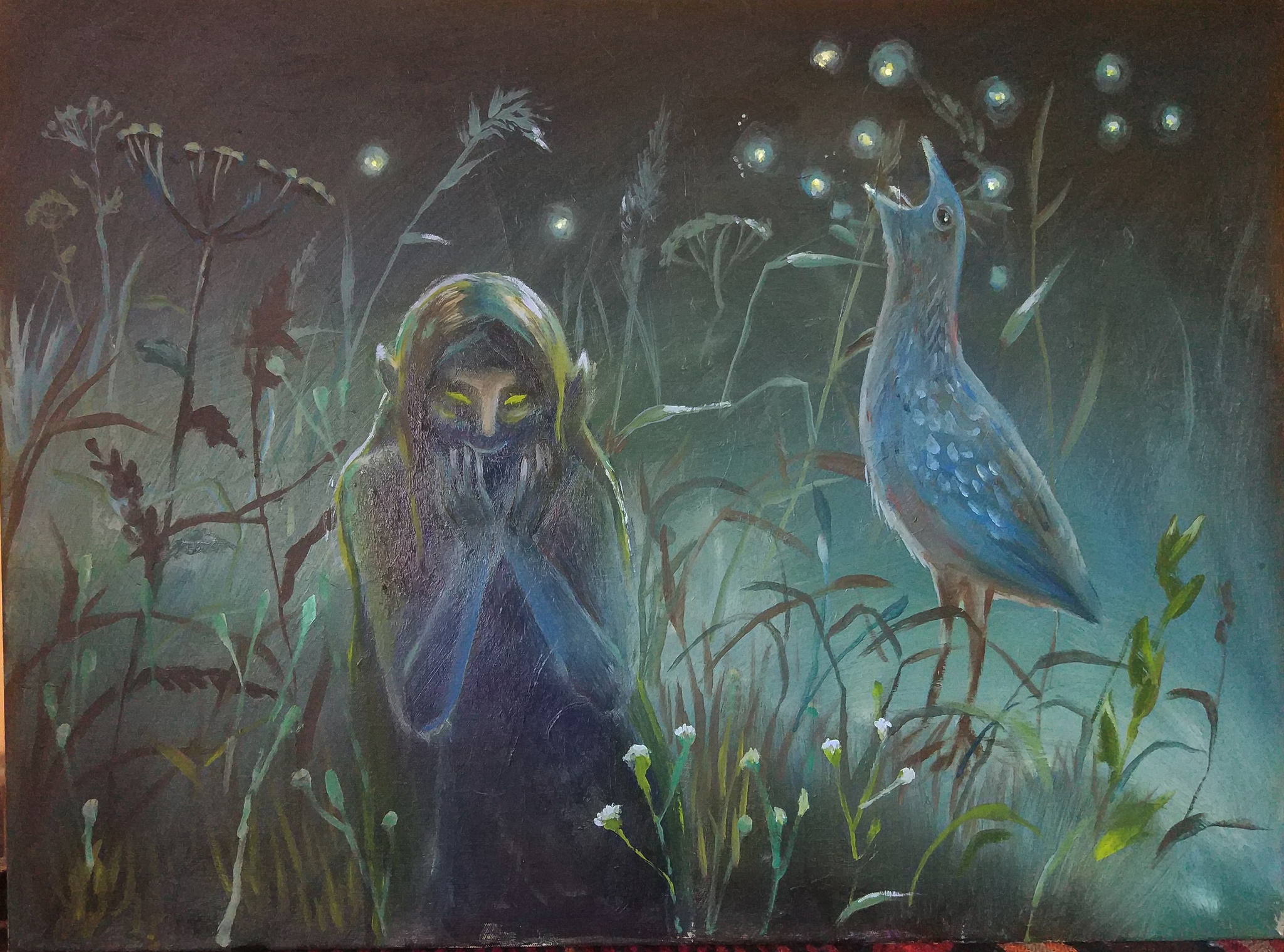 Landrail. Canvas, oil - My, Painting, And other leshy, Evil spirits, Unknown crap, Crake, Meadow, Grass