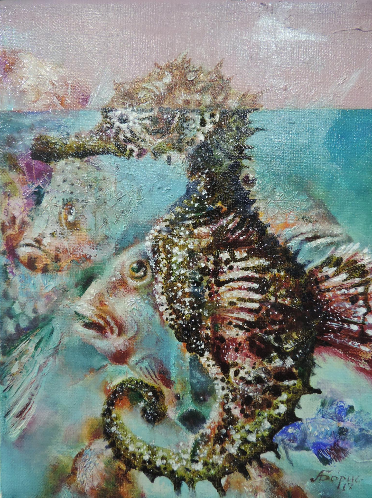 Shallow water - My, Art, Modern Art, Art, Fantasy, Painting, Oil painting, Canvas, Author's painting, Sea Horse, A fish, Underwater world, Sea, Shoal