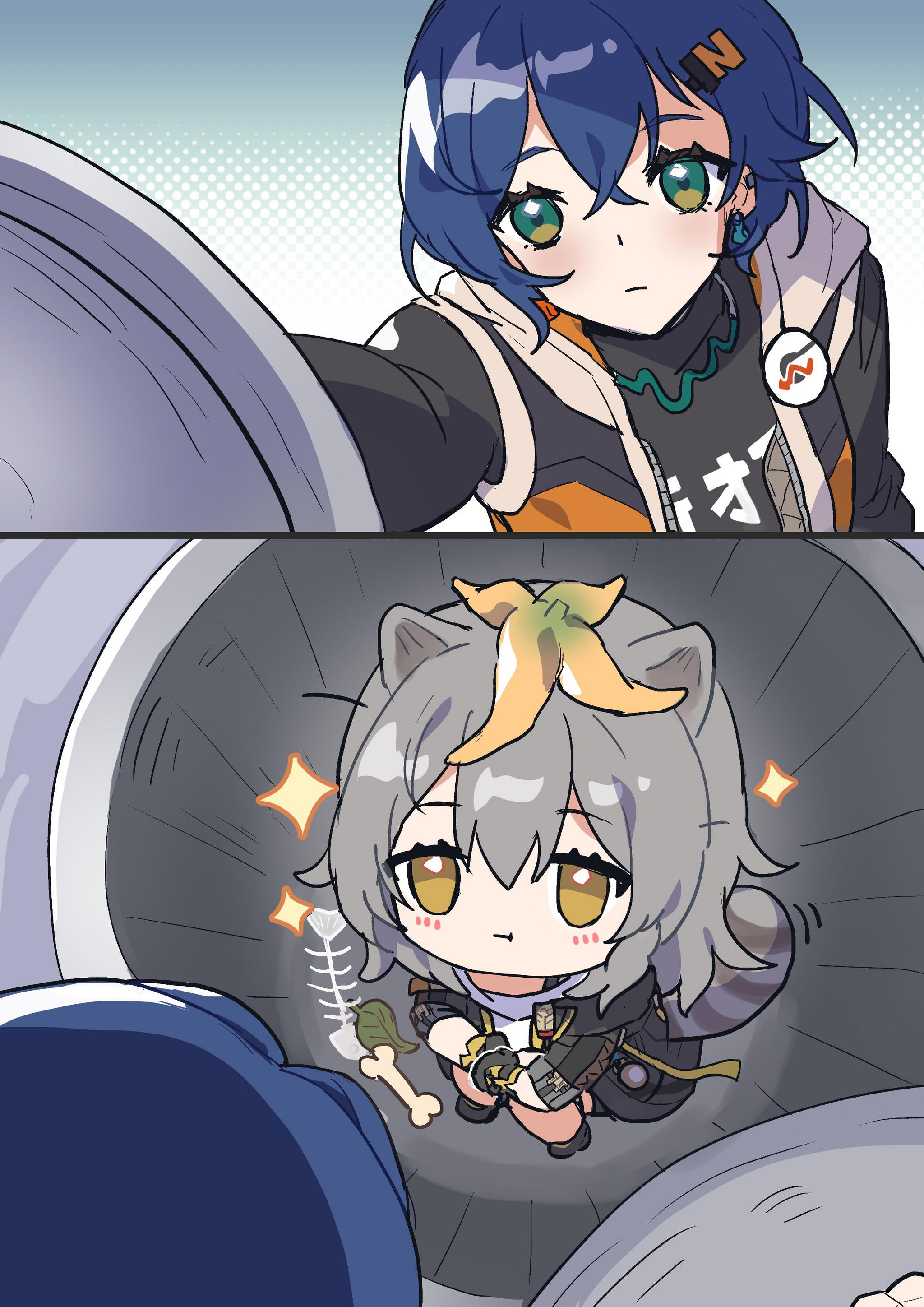 What's in the trash can? - Honkai: Star Rail, Stelle (Honkai: Star Rail), Zenless Zone Zero, Crossover, Art, Girls, Games, Anime art, Anime, Animal ears, Tail, Belle (zzz)