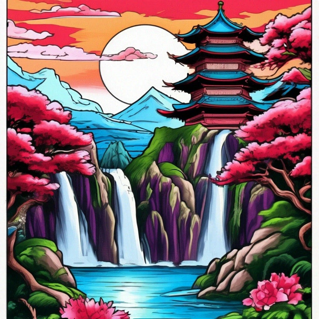 Japanese landscape - My, Neural network art, Art, Japanese style, Japanese Garden, Waterfall, Sunrise, Sunrises and sunsets, Sunset, The mountains, Bonsai, Lock, Longpost