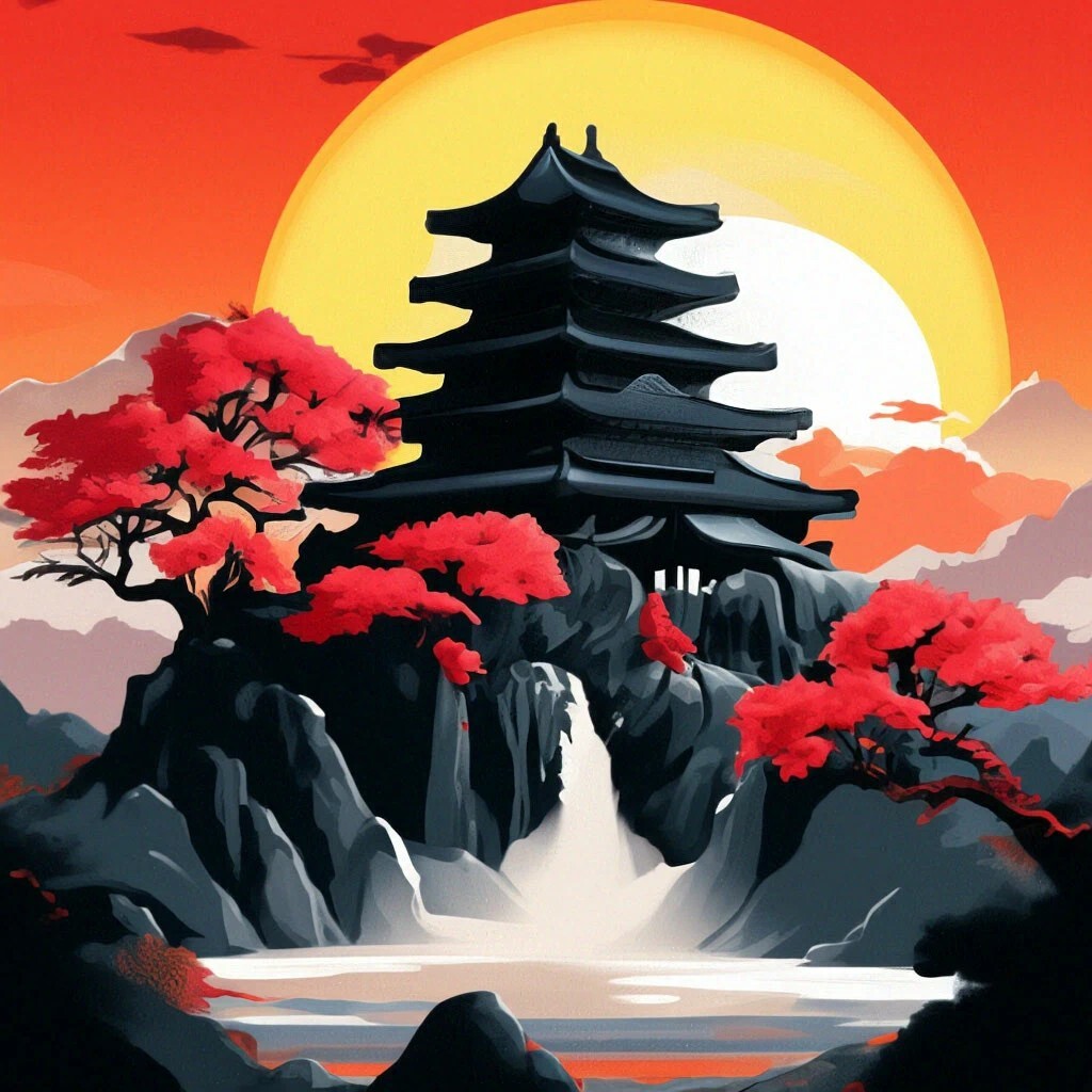 Japanese landscape - My, Neural network art, Art, Japanese style, Japanese Garden, Waterfall, Sunrise, Sunrises and sunsets, Sunset, The mountains, Bonsai, Lock, Longpost