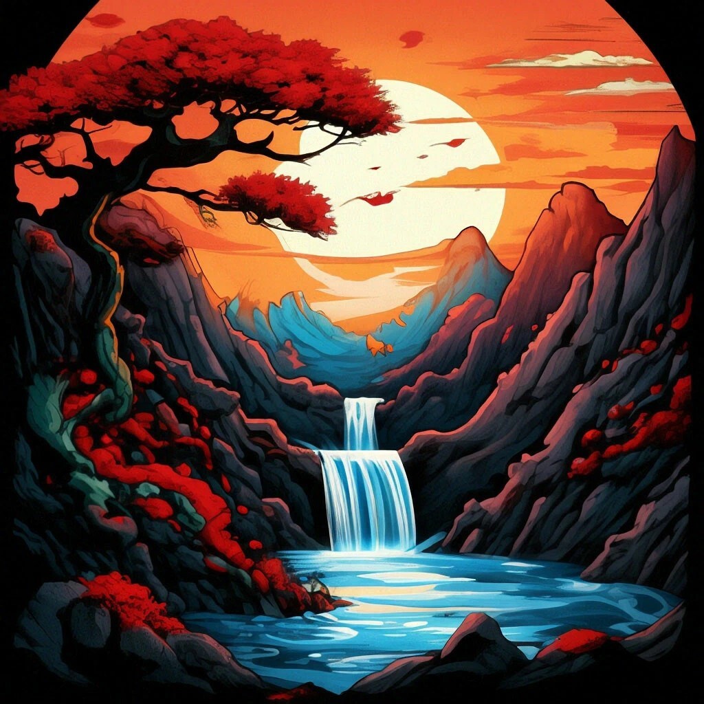 Japanese landscape - My, Neural network art, Art, Japanese style, Japanese Garden, Waterfall, Sunrise, Sunrises and sunsets, Sunset, The mountains, Bonsai, Lock, Longpost