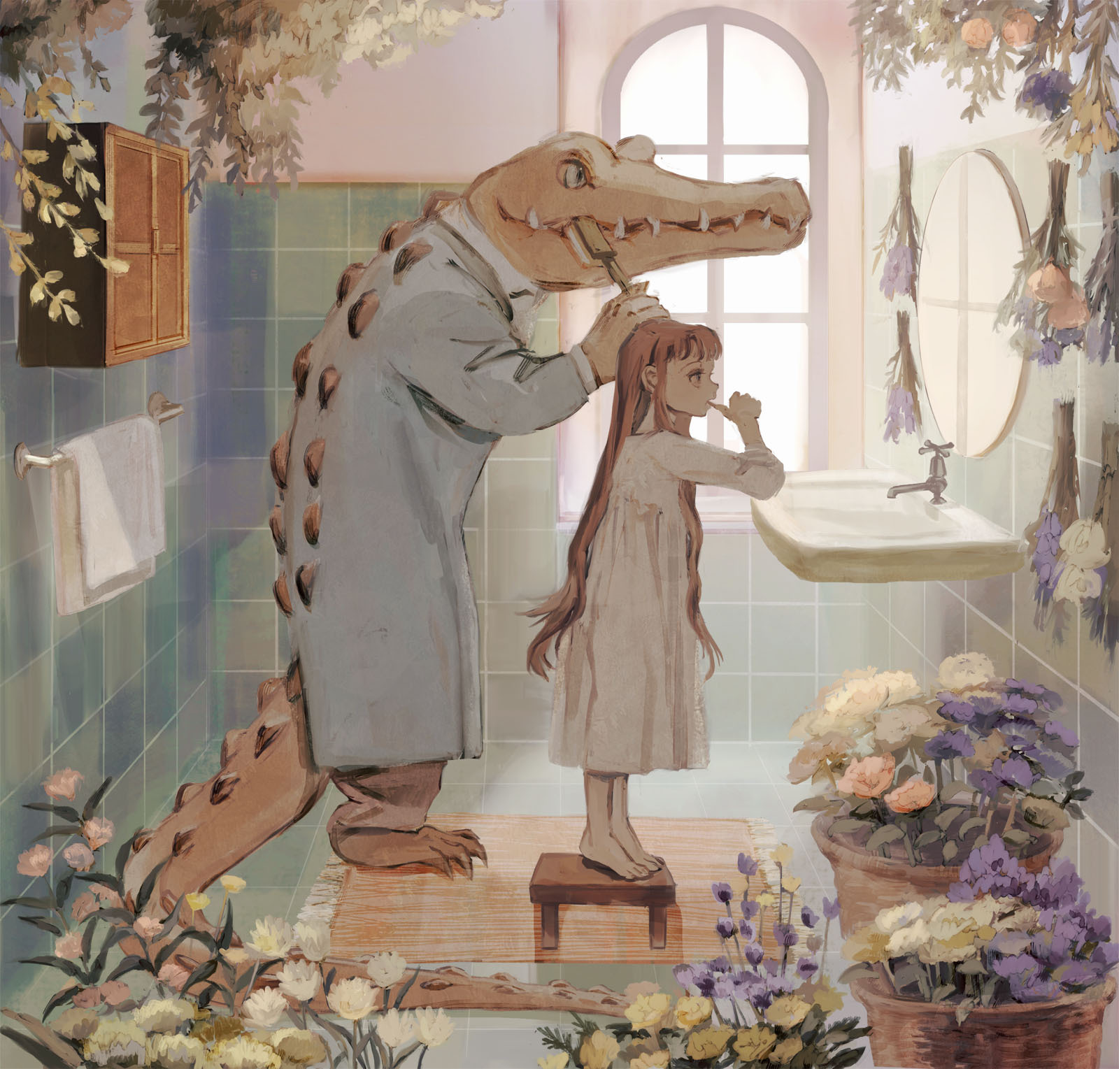 Morning brushing of teeth - Art, Drawing, Girls, Crocodiles, Bathroom, Flowers