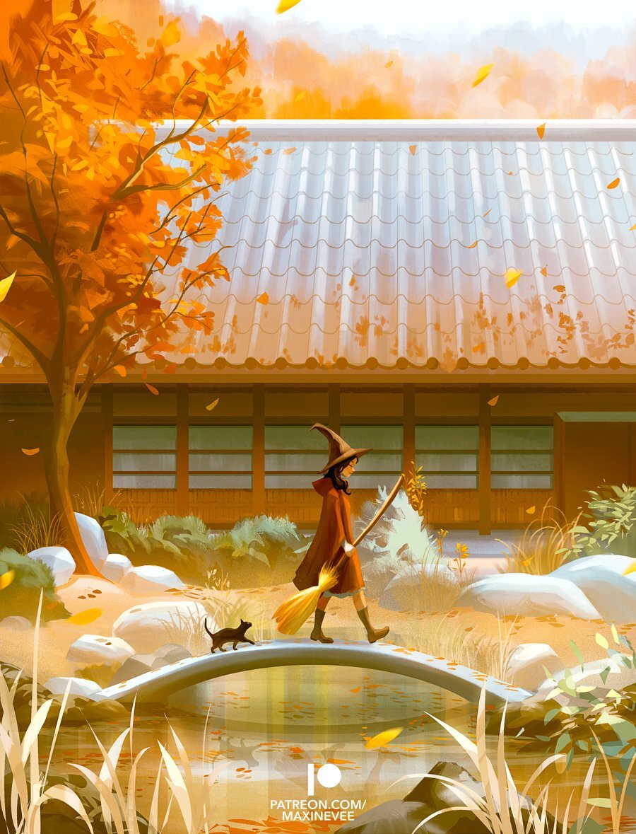 Bridge - Art, Drawing, Girls, cat, Autumn, Witches